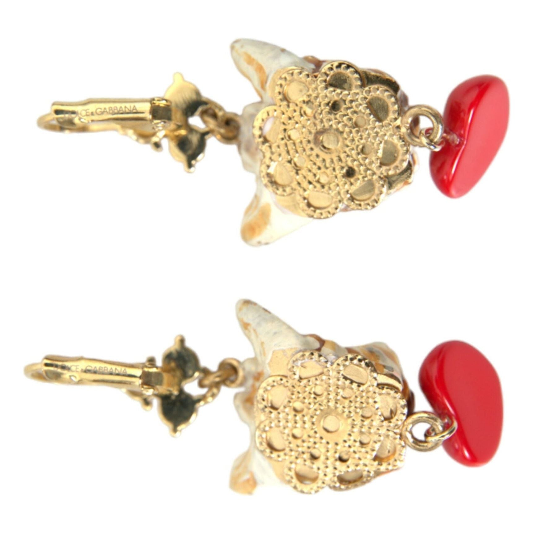 Gold Brass Heart Dog Red Crystal Dangling Earrings