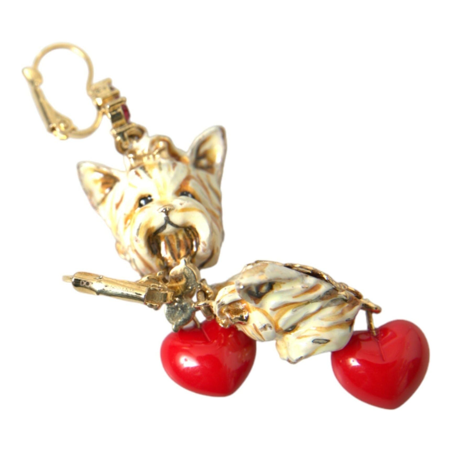 Gold Brass Heart Dog Red Crystal Dangling Earrings