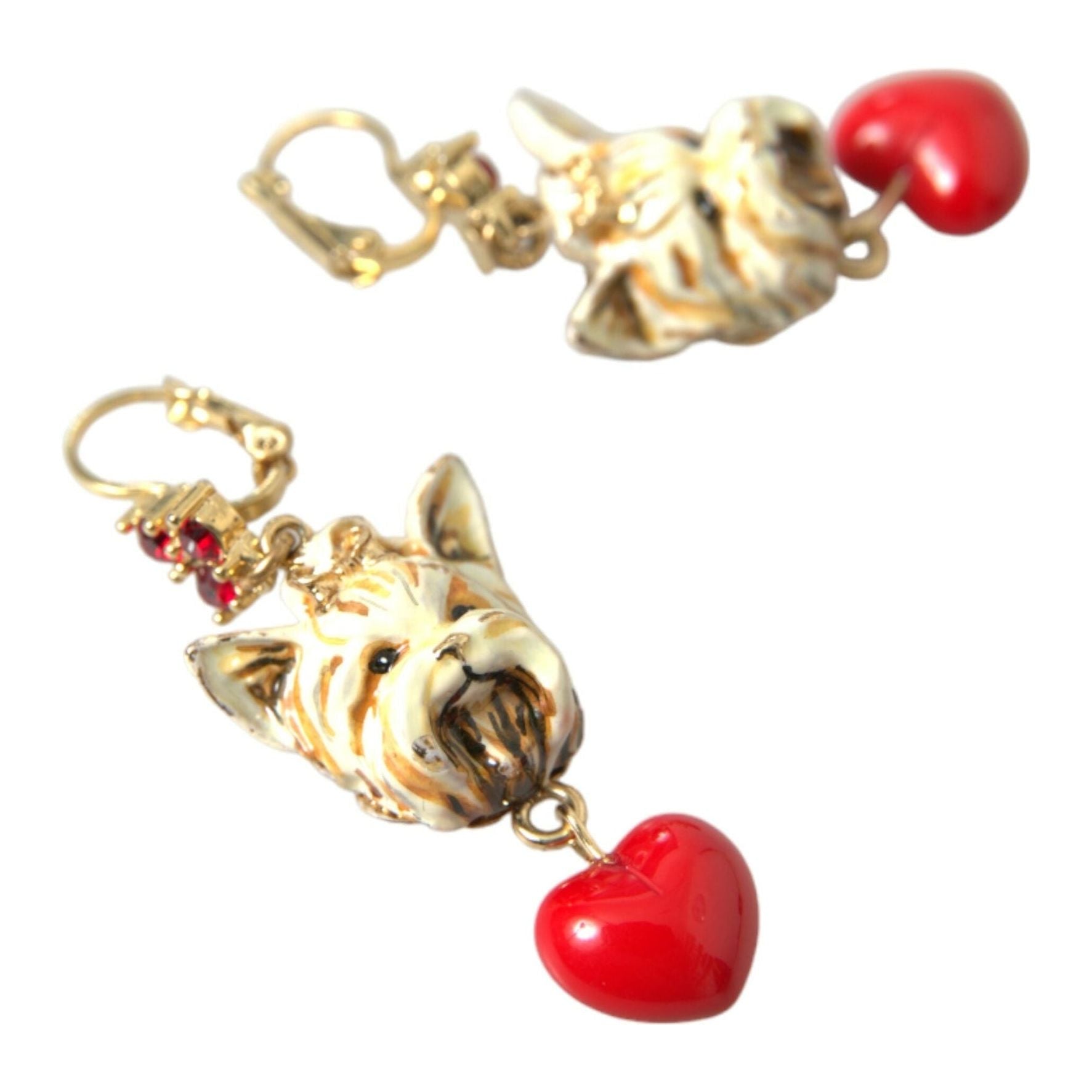 Gold Brass Heart Dog Red Crystal Dangling Earrings