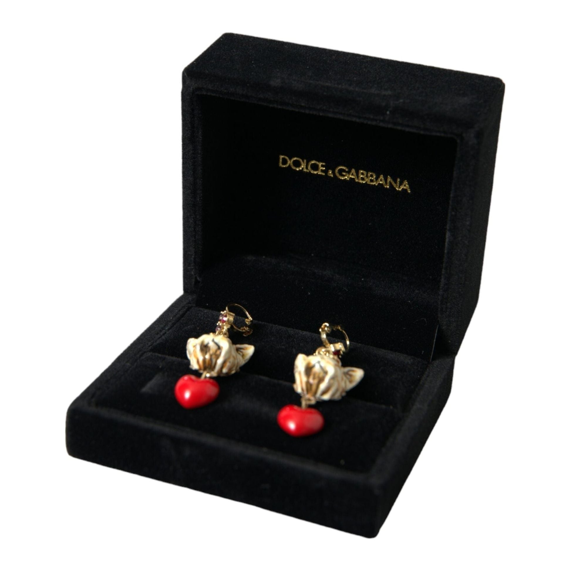 Gold Brass Heart Dog Red Crystal Dangling Earrings