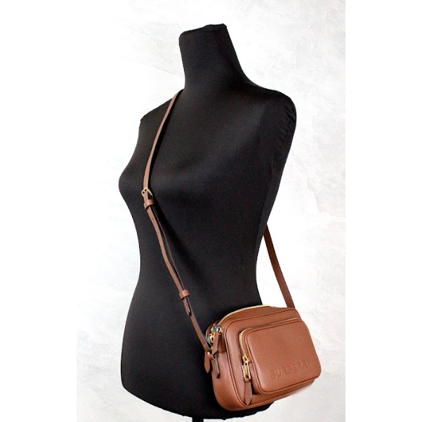 Small Branded Tan Brown Leather Camera Crossbody Bag