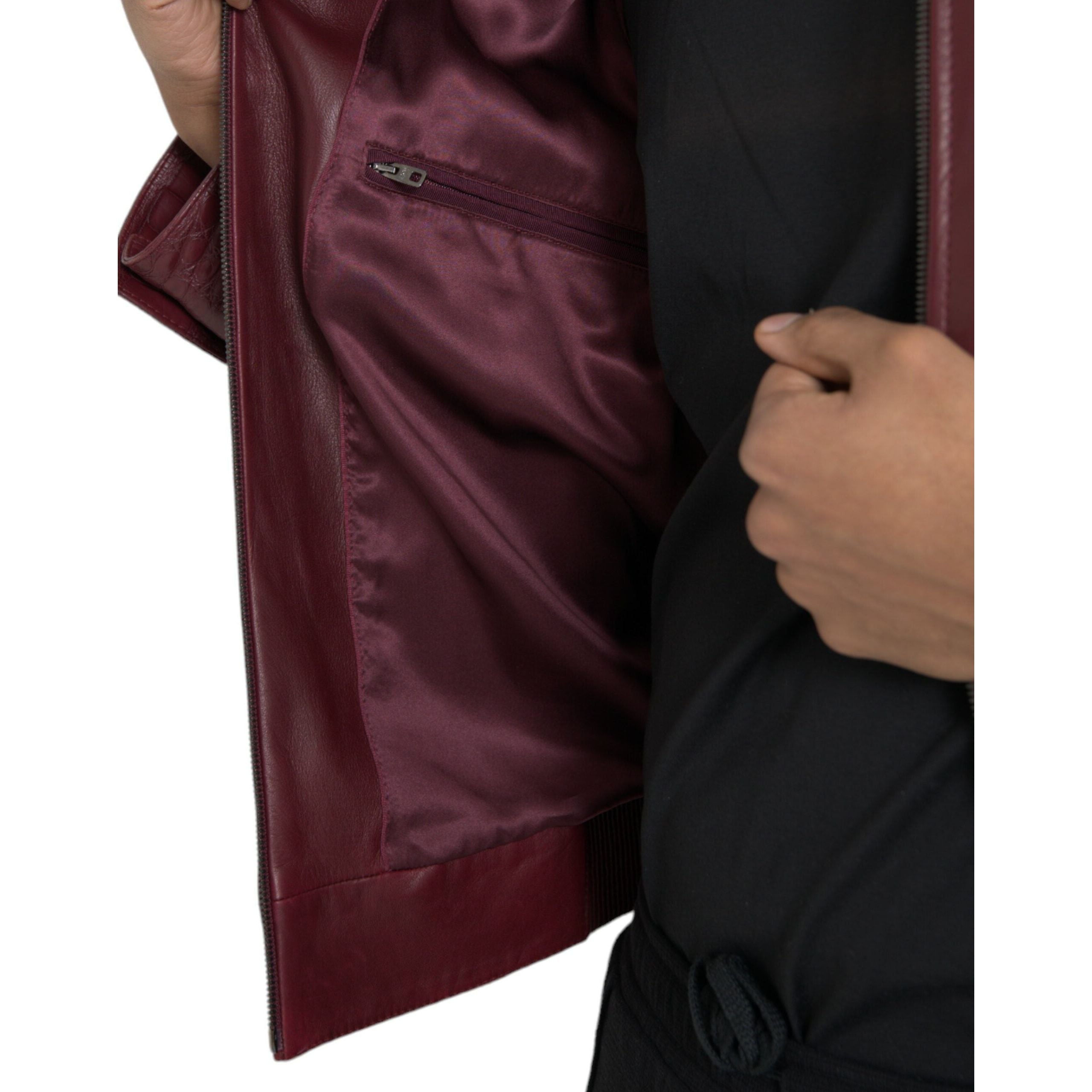 Maroon Exotic Leather Zip Biker Coat Jacket