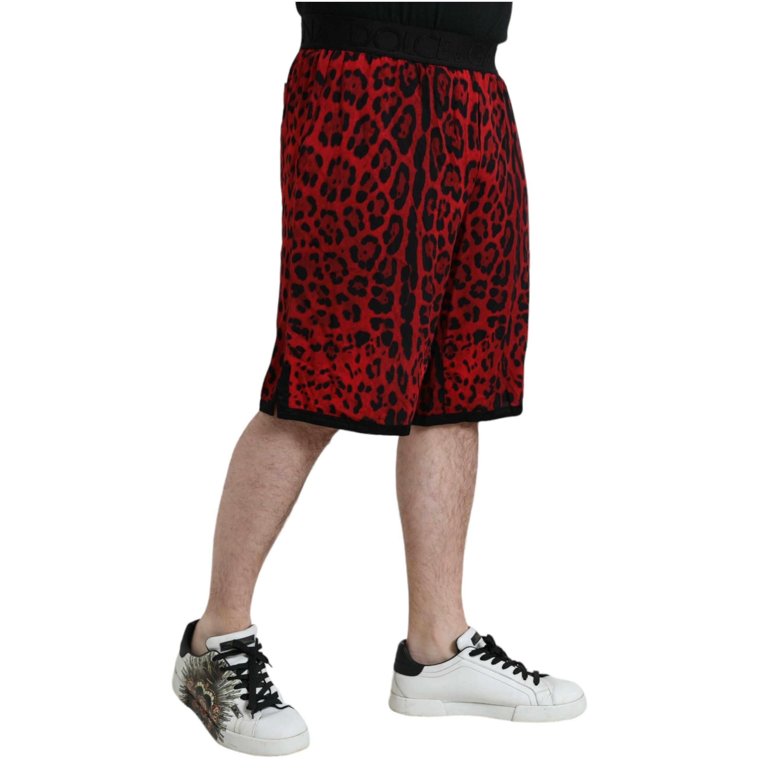 Red Leopard Print Viscose Bermuda Shorts