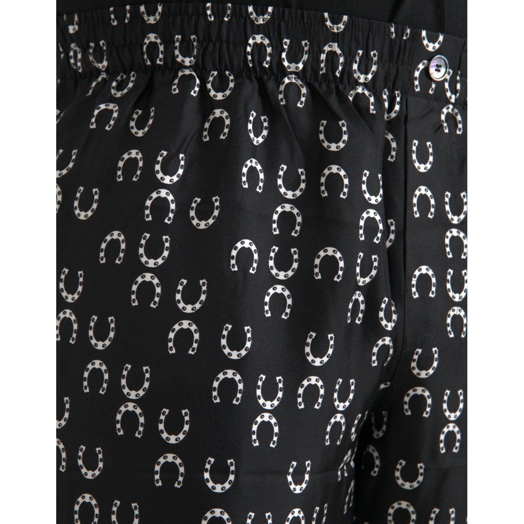 Black Horseshoe Print Silk Pants