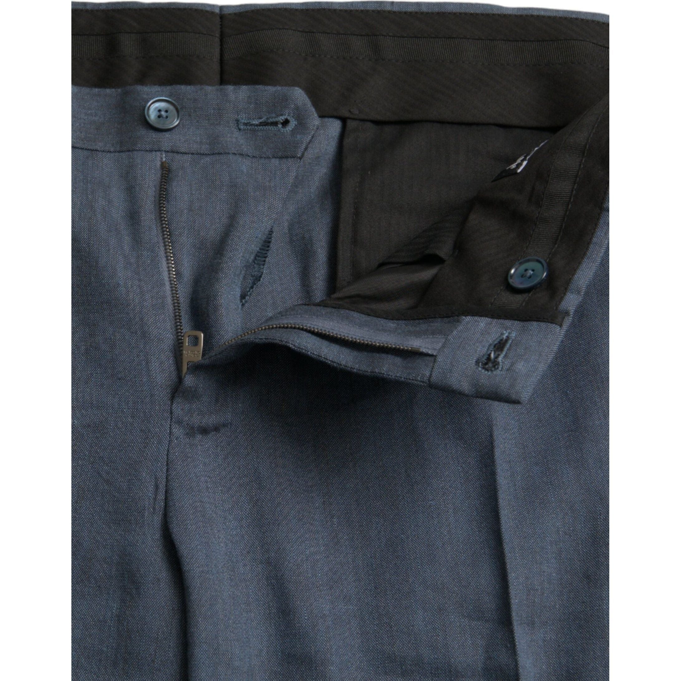 Blue Linen Silk Skinny Dress Pants