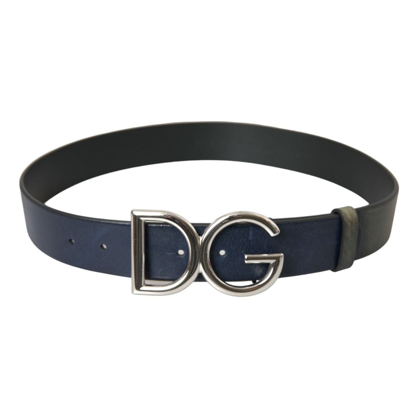 Blue Leather Silver Metal Logo Buckle Belt Men