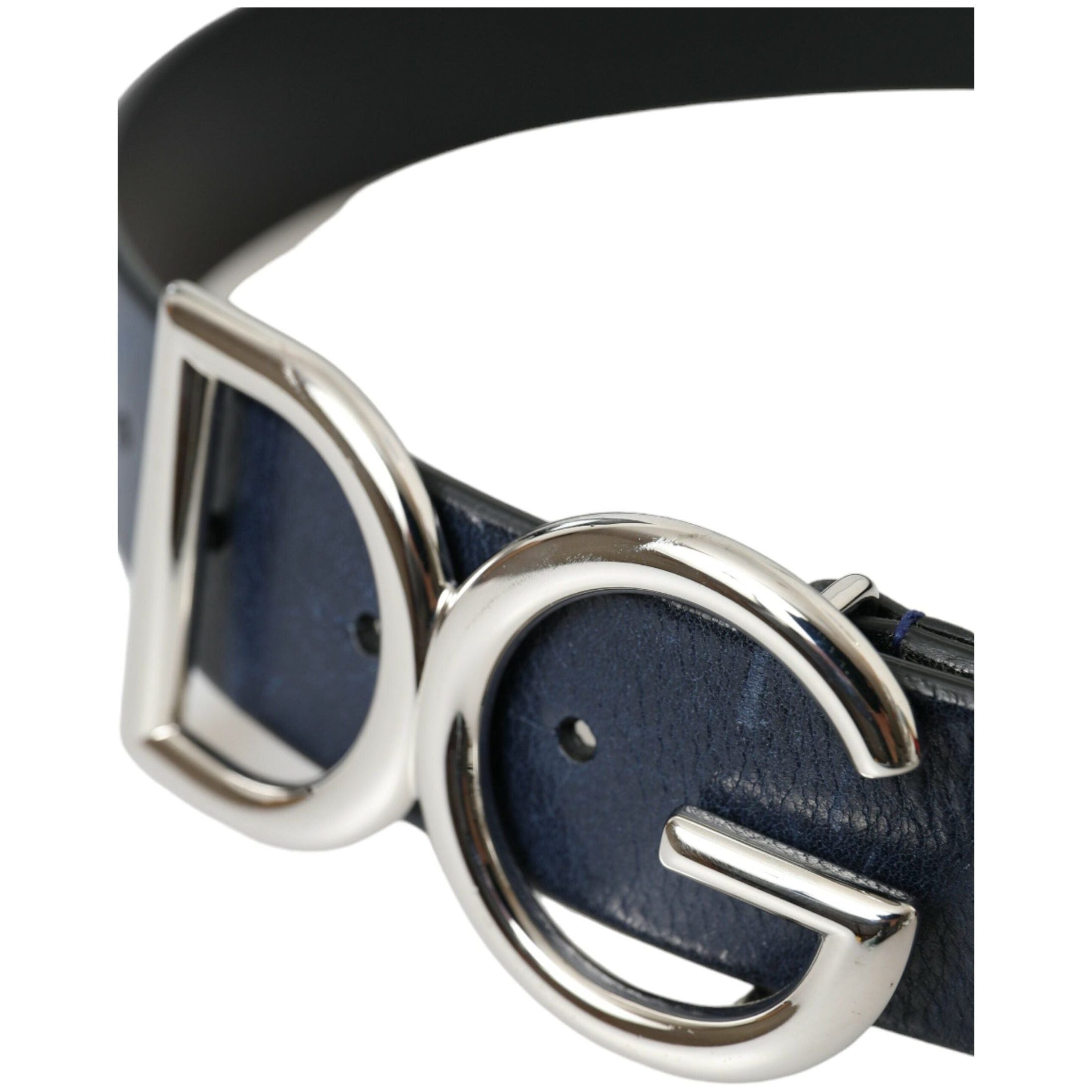 Blue Leather Silver Metal Logo Buckle Belt Men