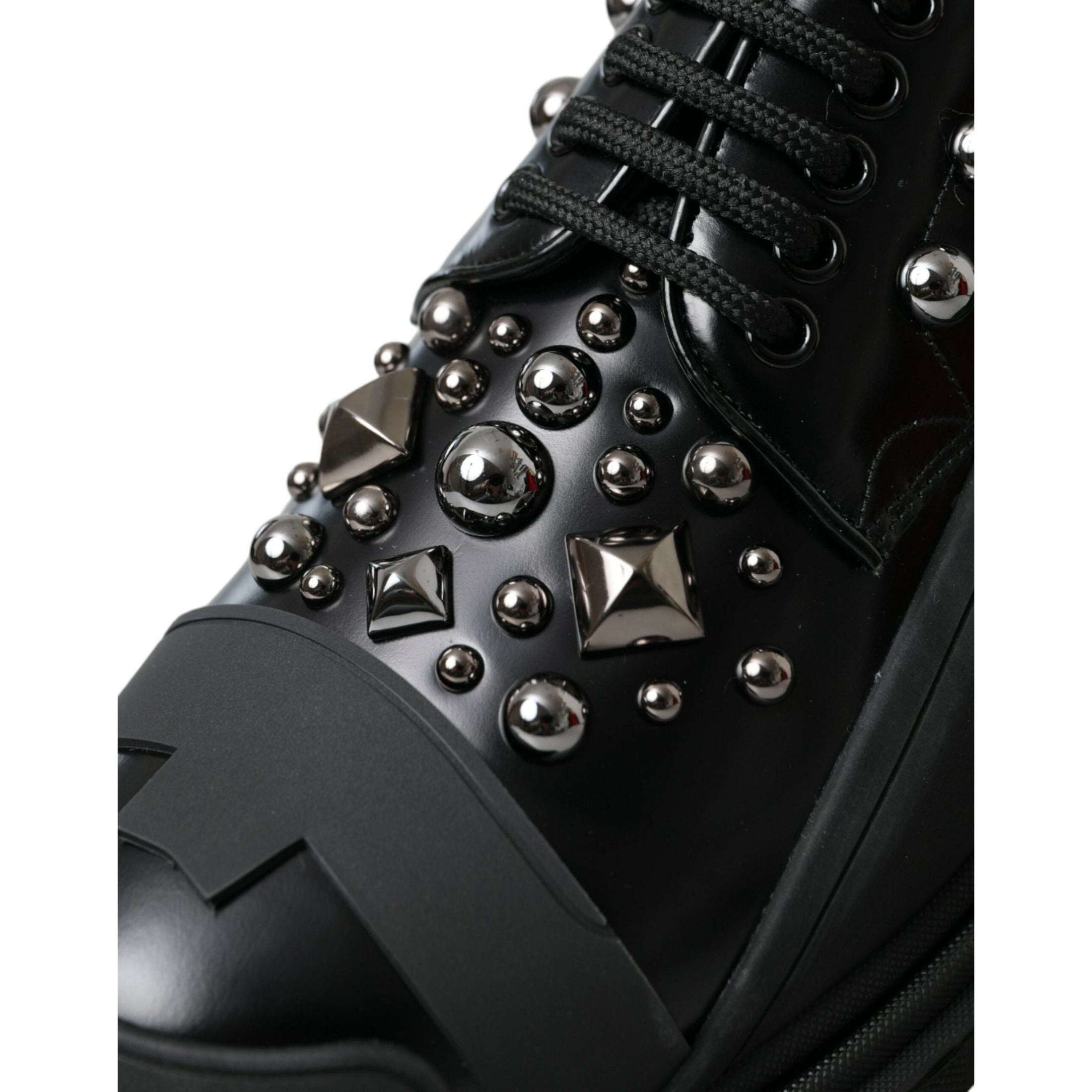 Black Leather Studded Trekking Sneakers Shoes