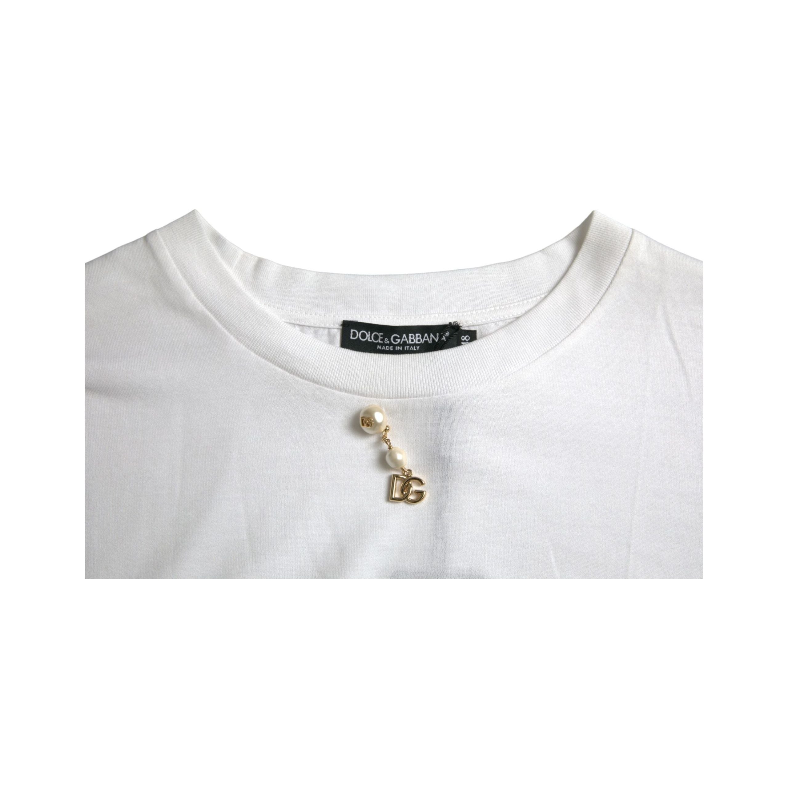 White Embellished Cotton Crew Neck T-shirt