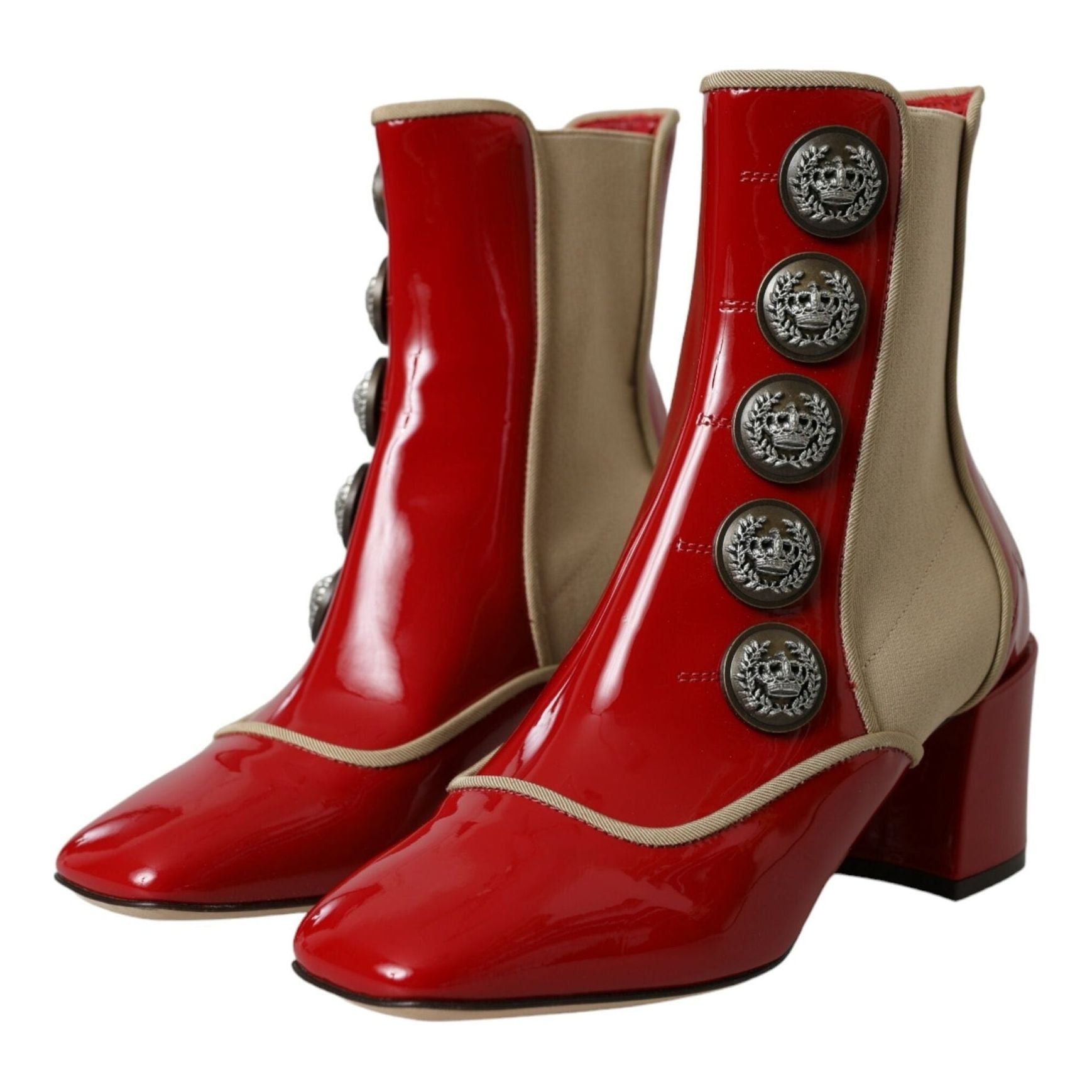 Red Beige Leather Embellished Mid Calf Boots Shoes