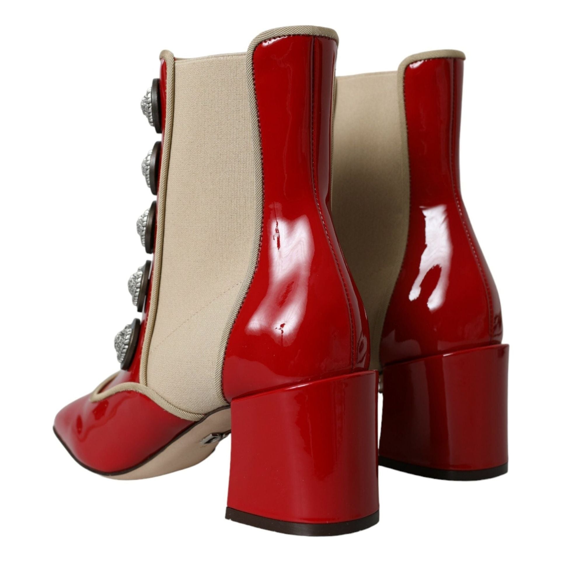 Red Beige Leather Embellished Mid Calf Boots Shoes