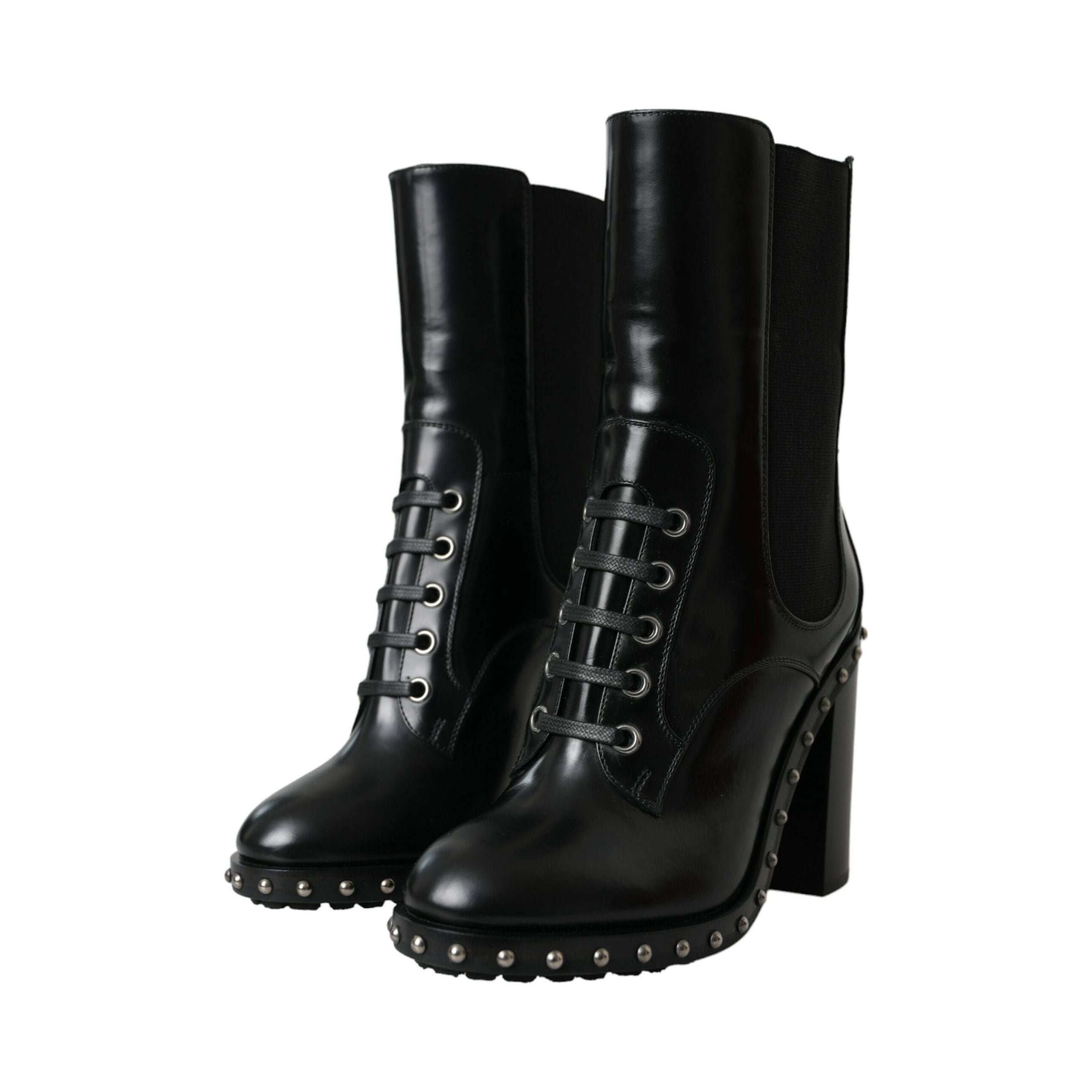 Black Leather Studded Lace Up Boots Shoes