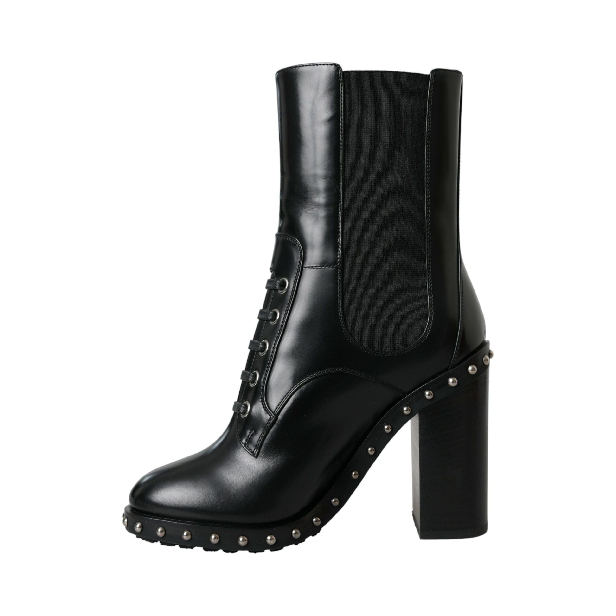 Black Leather Studded Lace Up Boots Shoes