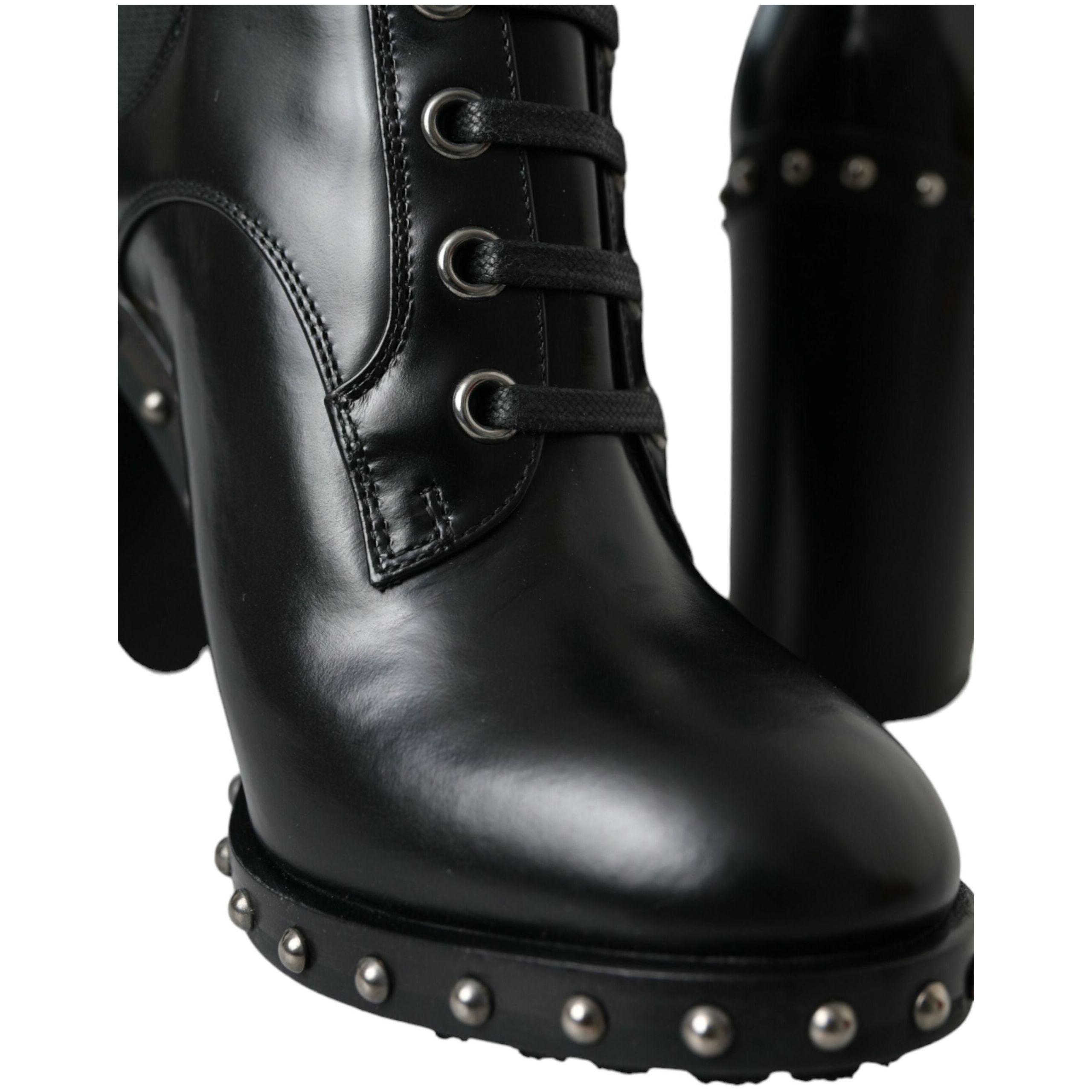 Black Leather Studded Lace Up Boots Shoes