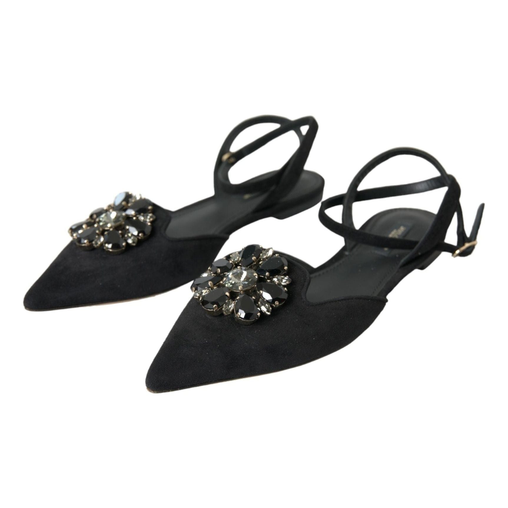 Black Leather Crystal Slingback Sandals Shoes