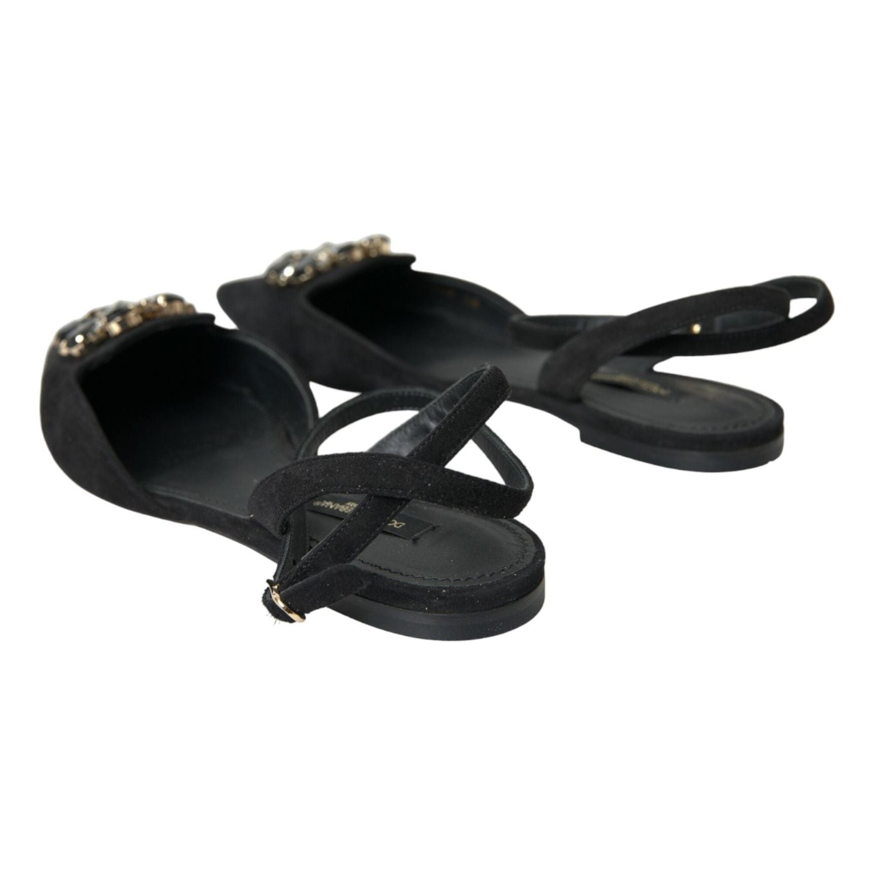 Black Leather Crystal Slingback Sandals Shoes