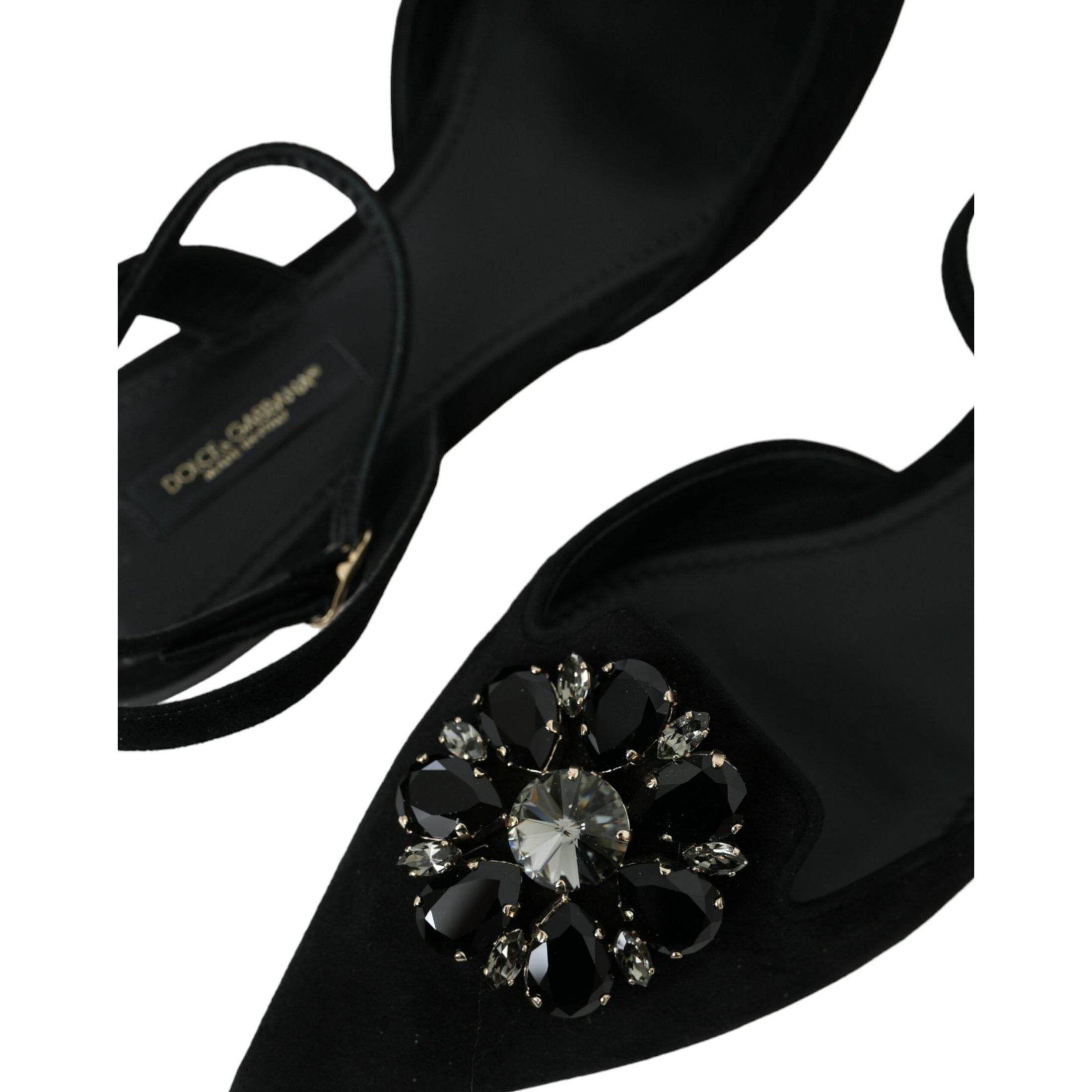 Black Leather Crystal Slingback Sandals Shoes