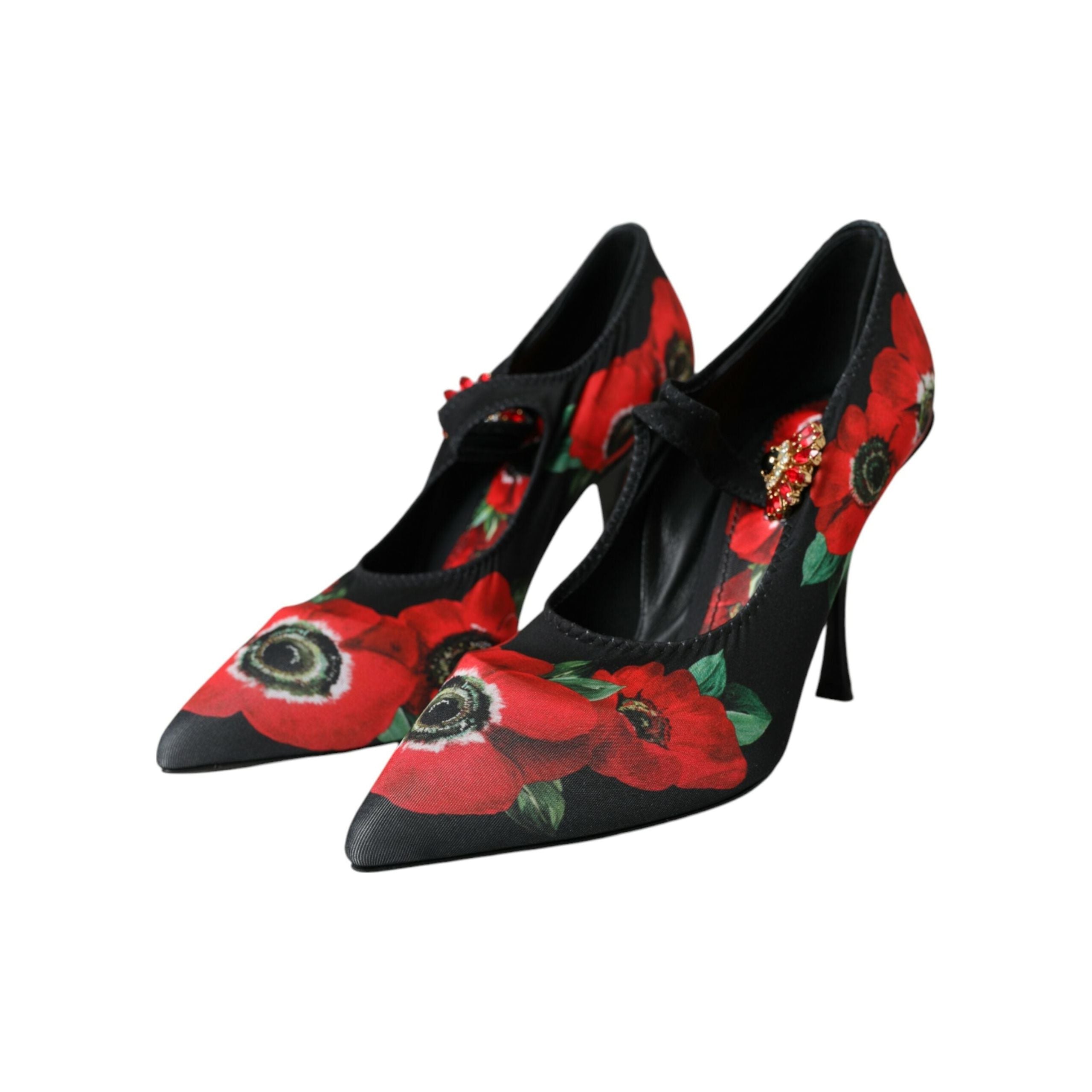 Black Floral Crystal Mary Jane Pumps Shoes