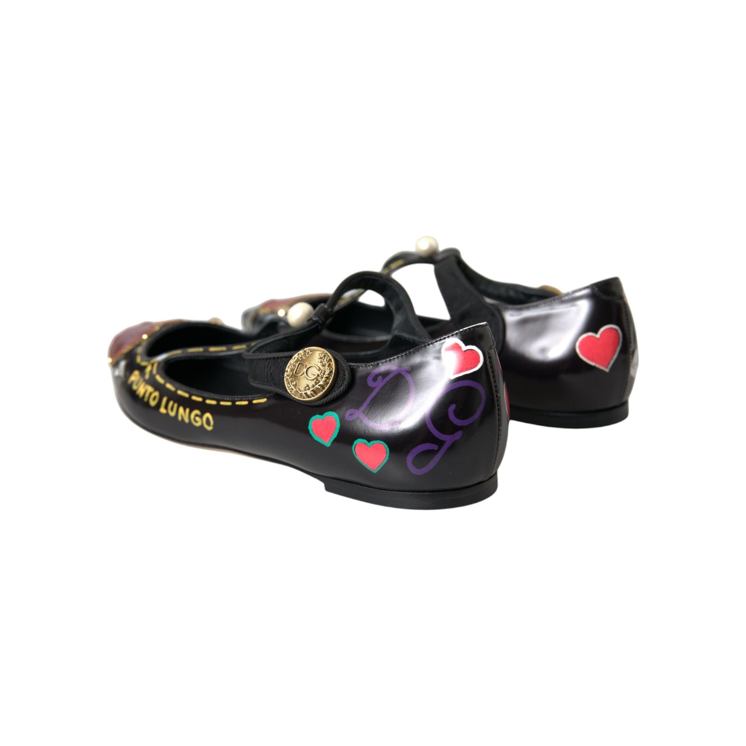 Black Leather Heart Embellished Loafers Shoes