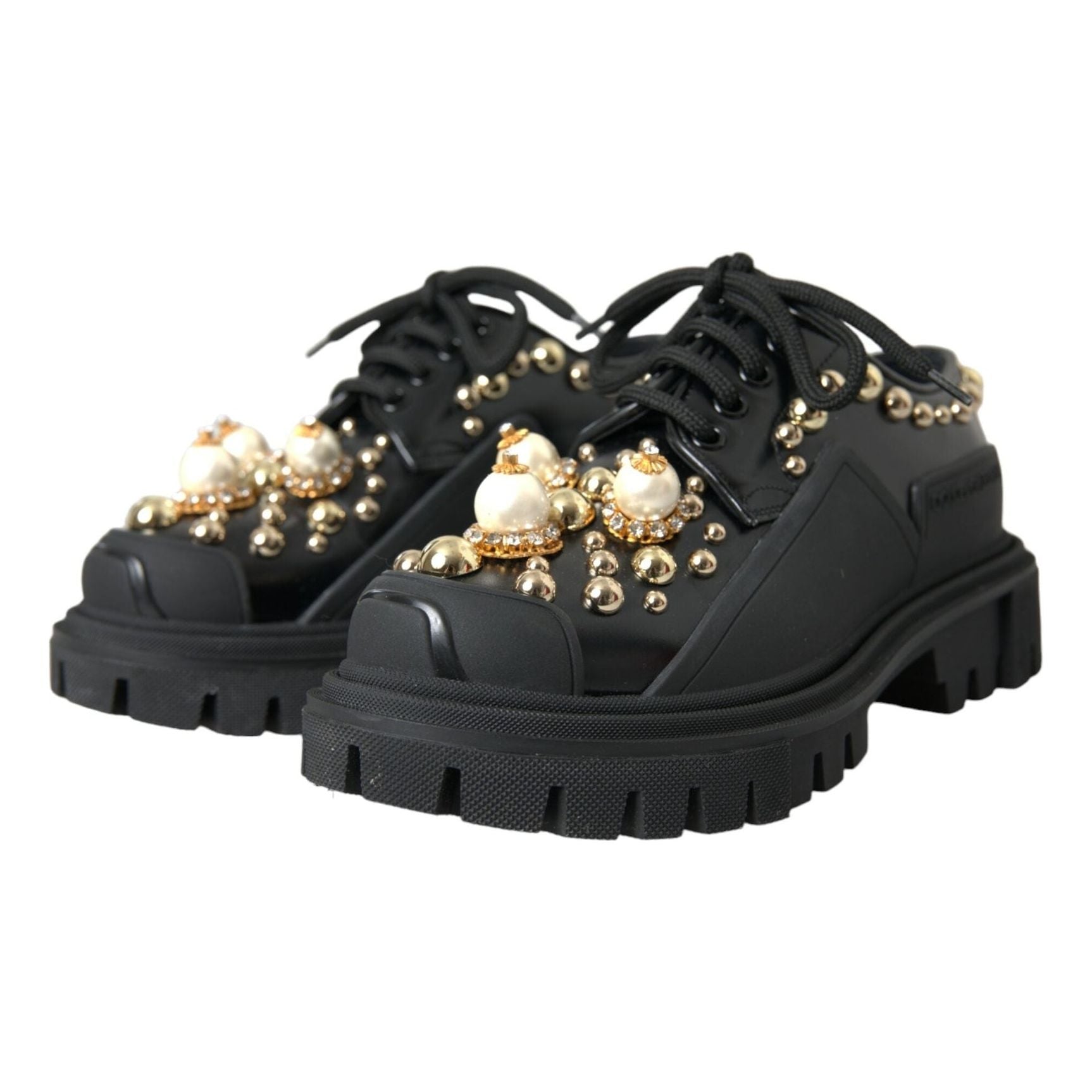 Black Leather Trekking Derby Embellished Shoes