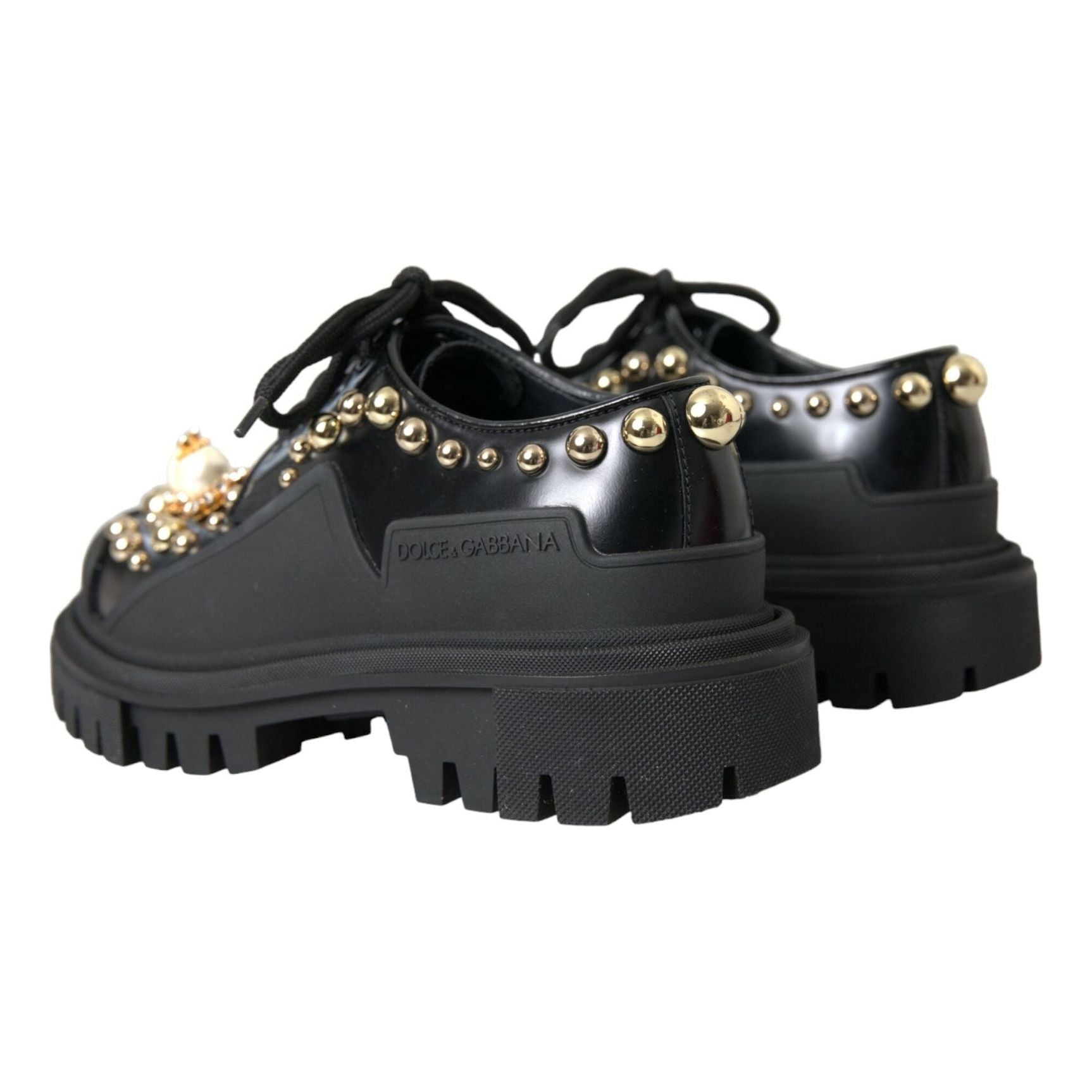 Black Leather Trekking Derby Embellished Shoes