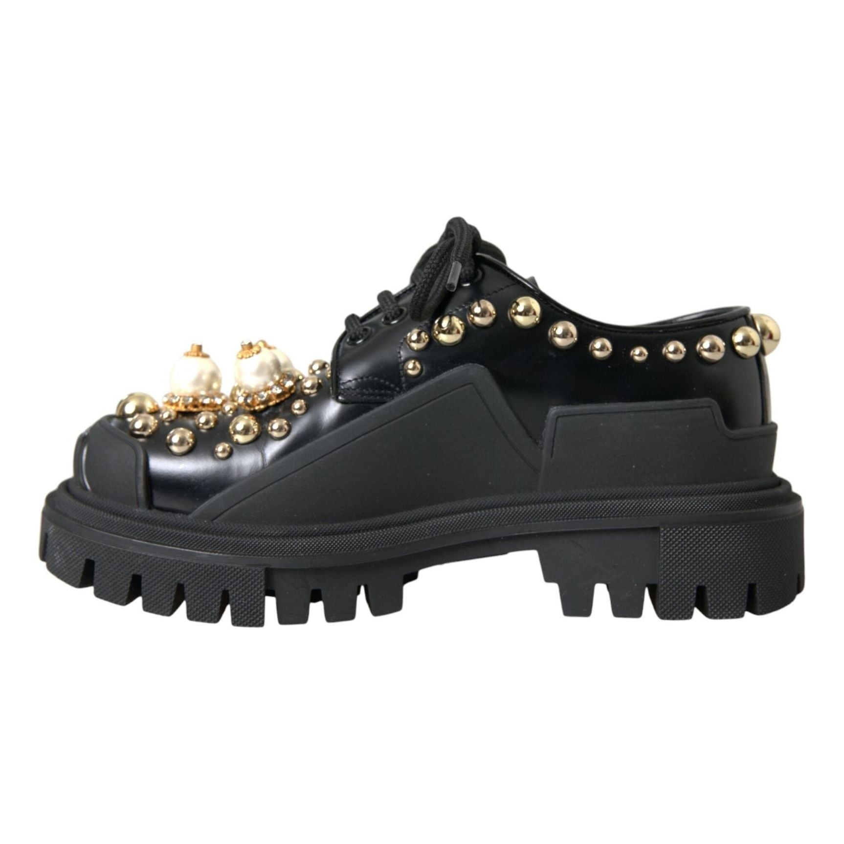 Black Leather Trekking Derby Embellished Shoes