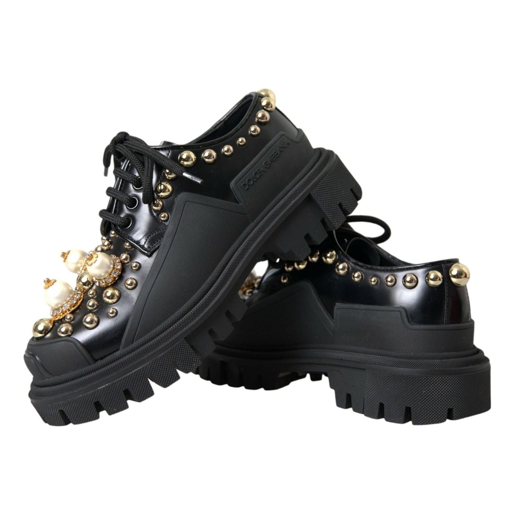 Black Leather Trekking Derby Embellished Shoes