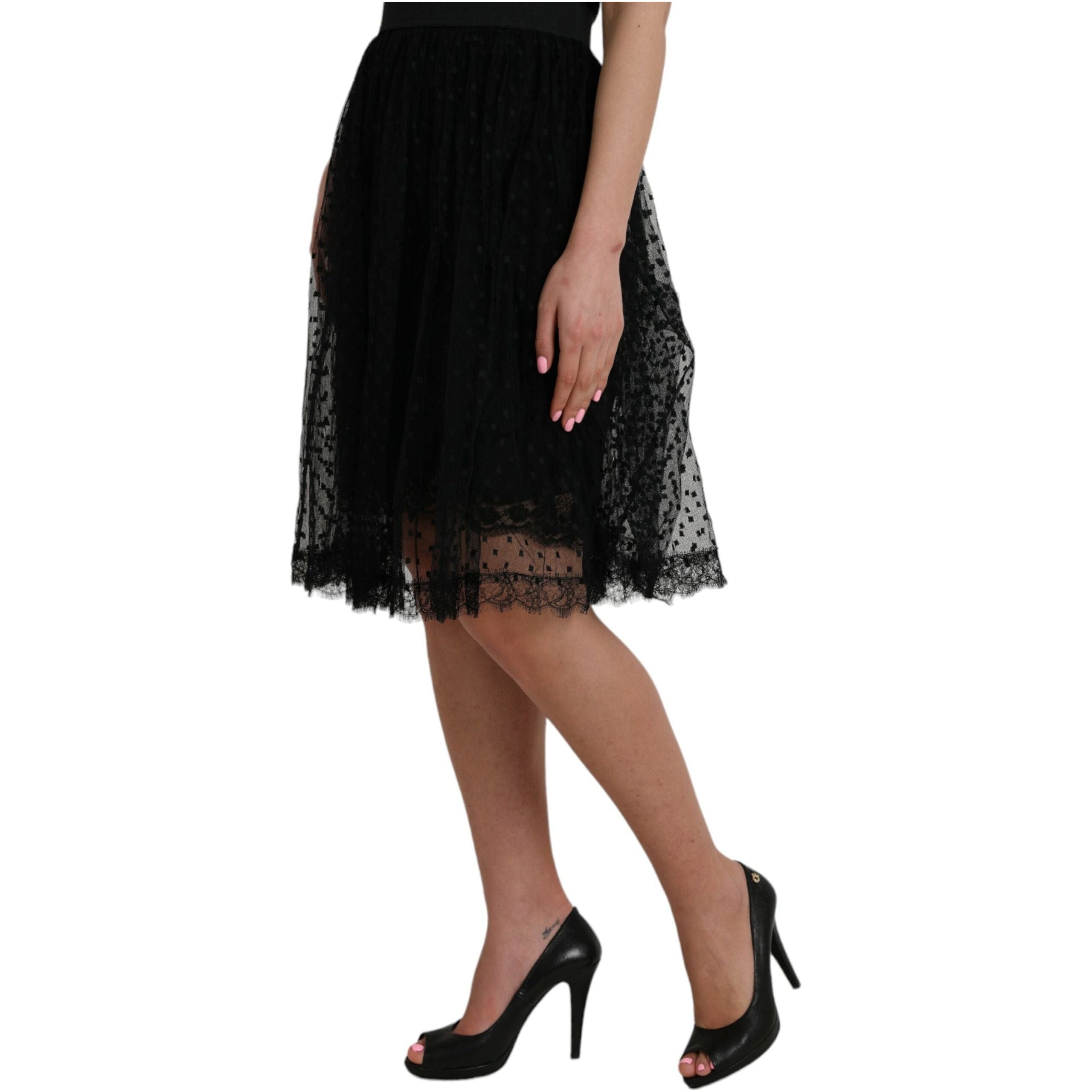 Black Nylon Lace Trim High Waist A-line Skirt