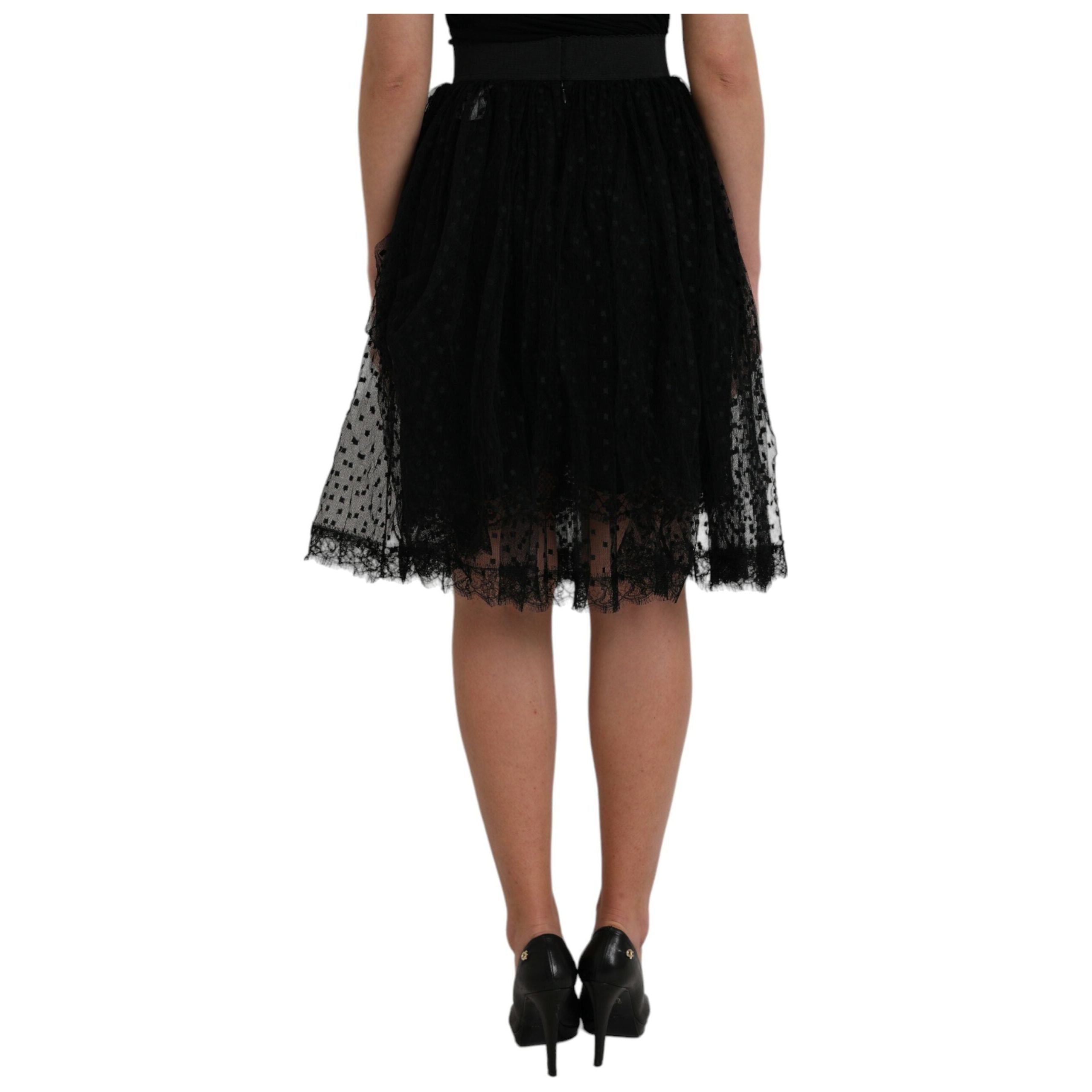 Black Nylon Lace Trim High Waist A-line Skirt