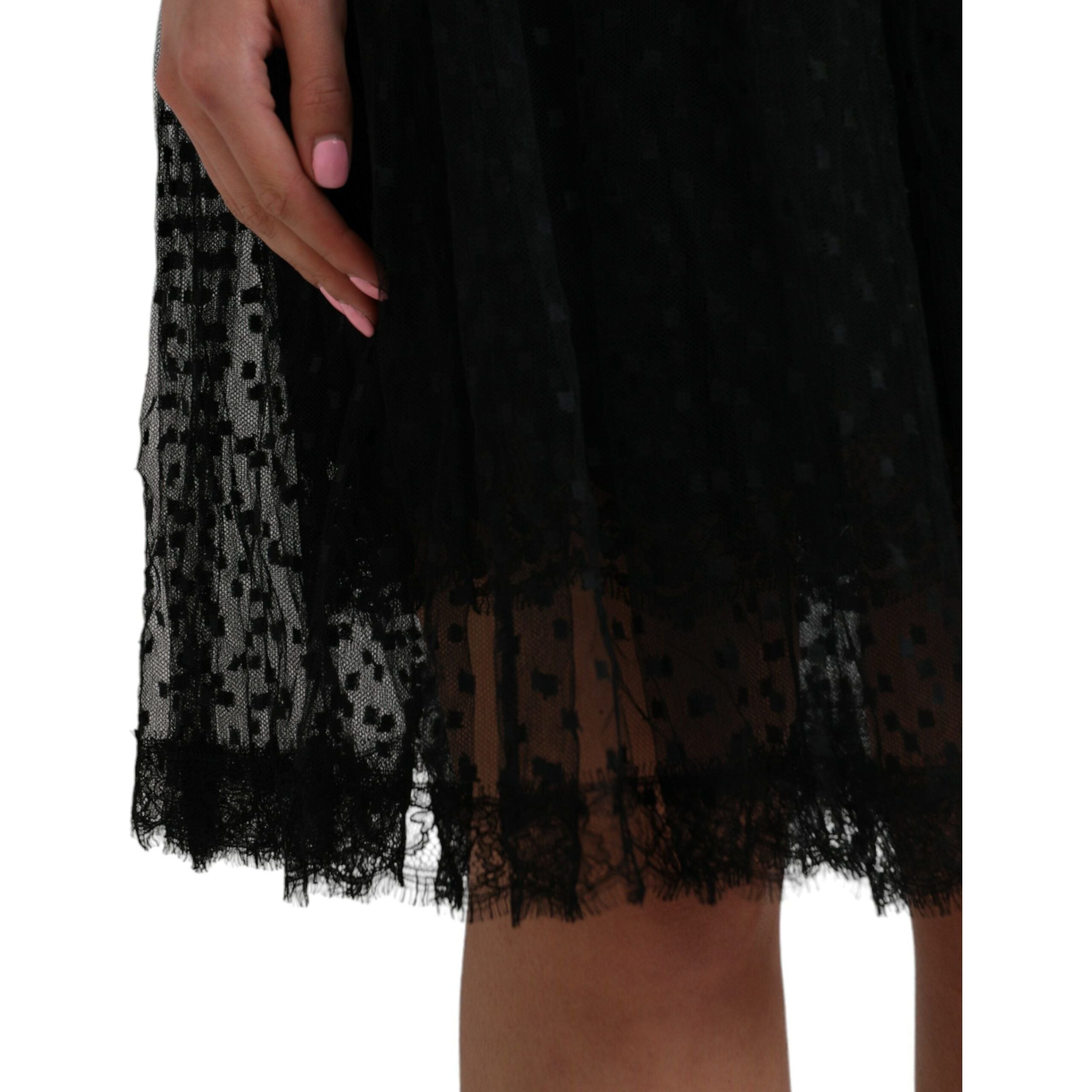 Black Nylon Lace Trim High Waist A-line Skirt