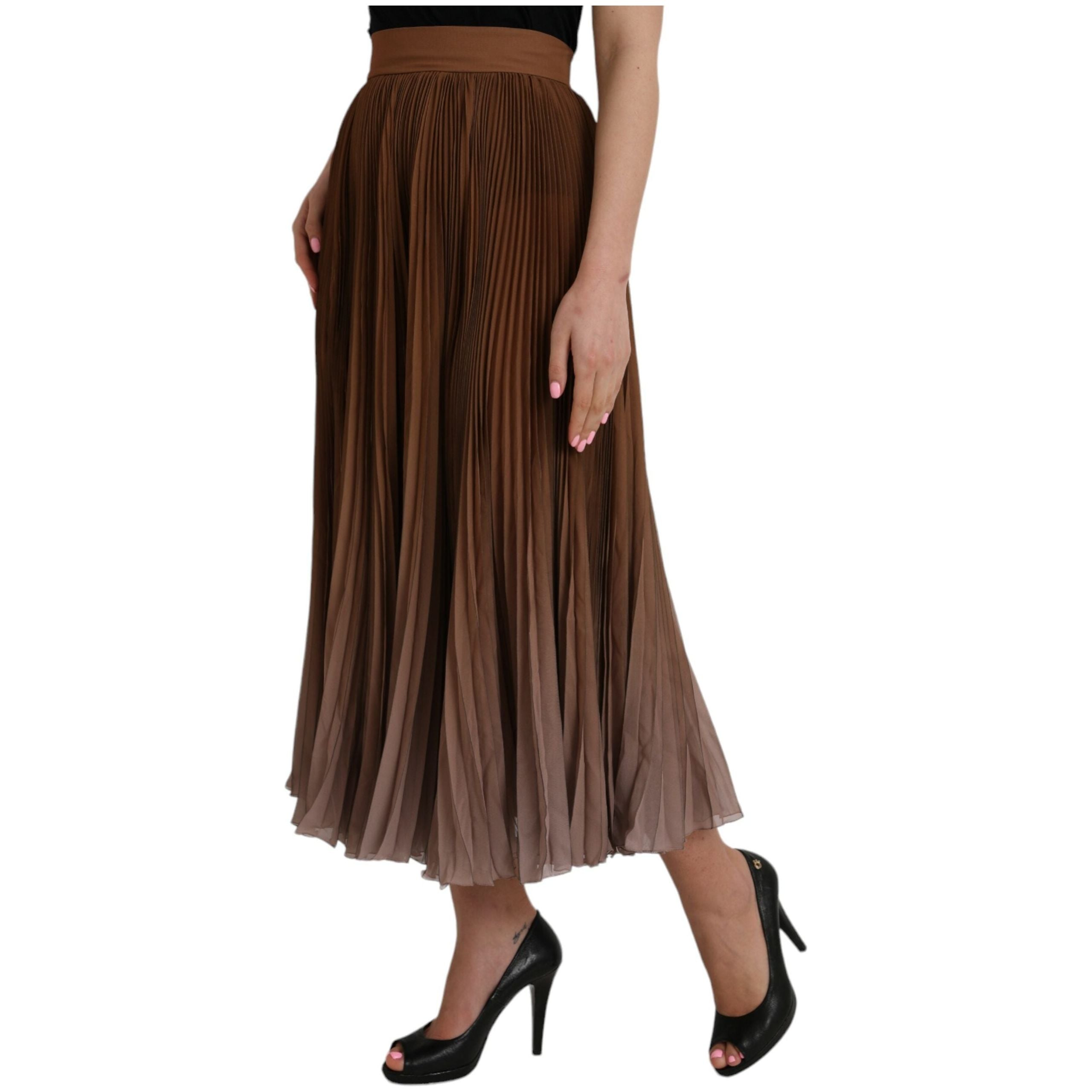 Brown Polyester Pleated High Waist Midi Skirt