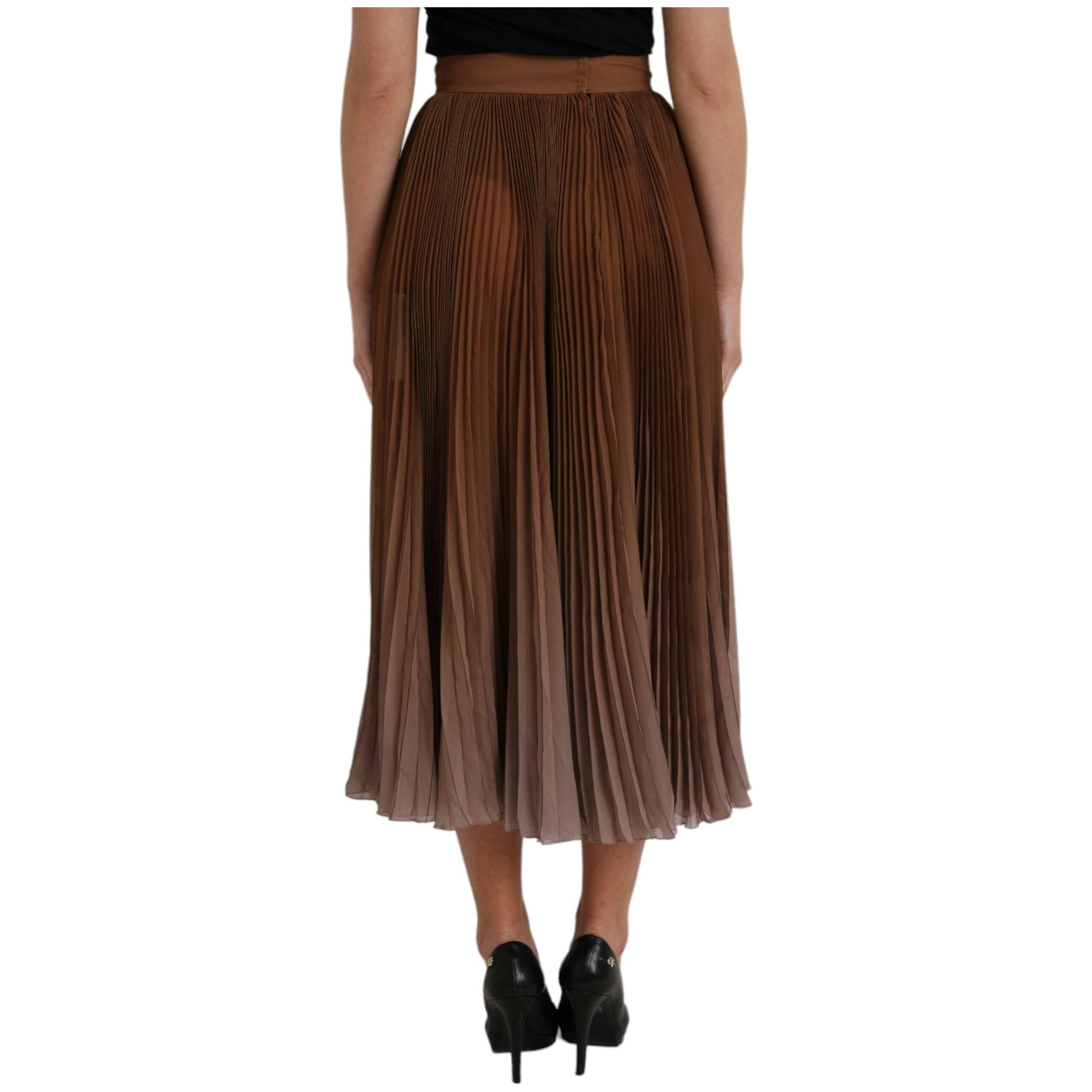 Brown Polyester Pleated High Waist Midi Skirt