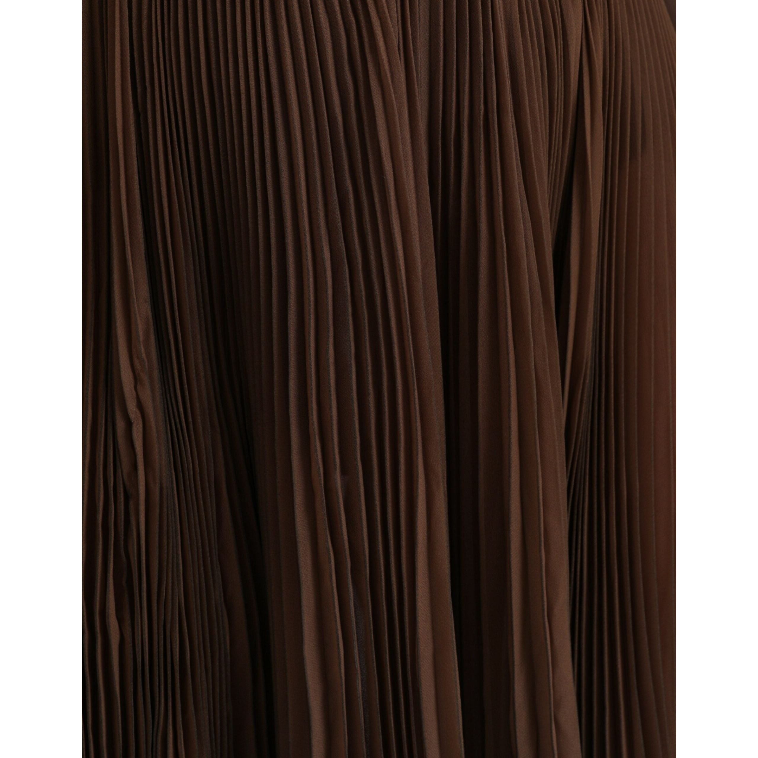 Brown Polyester Pleated High Waist Midi Skirt