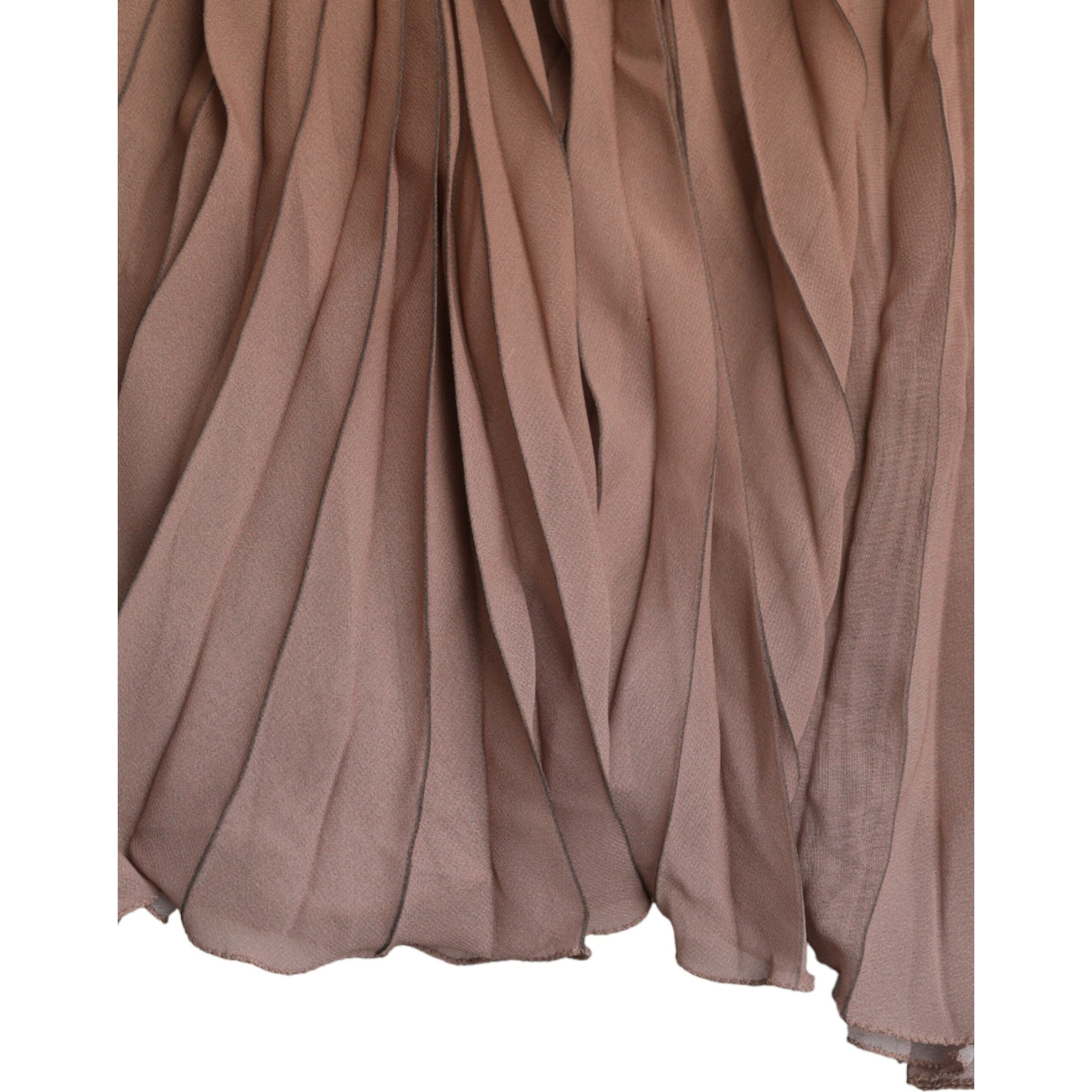 Brown Polyester Pleated High Waist Midi Skirt