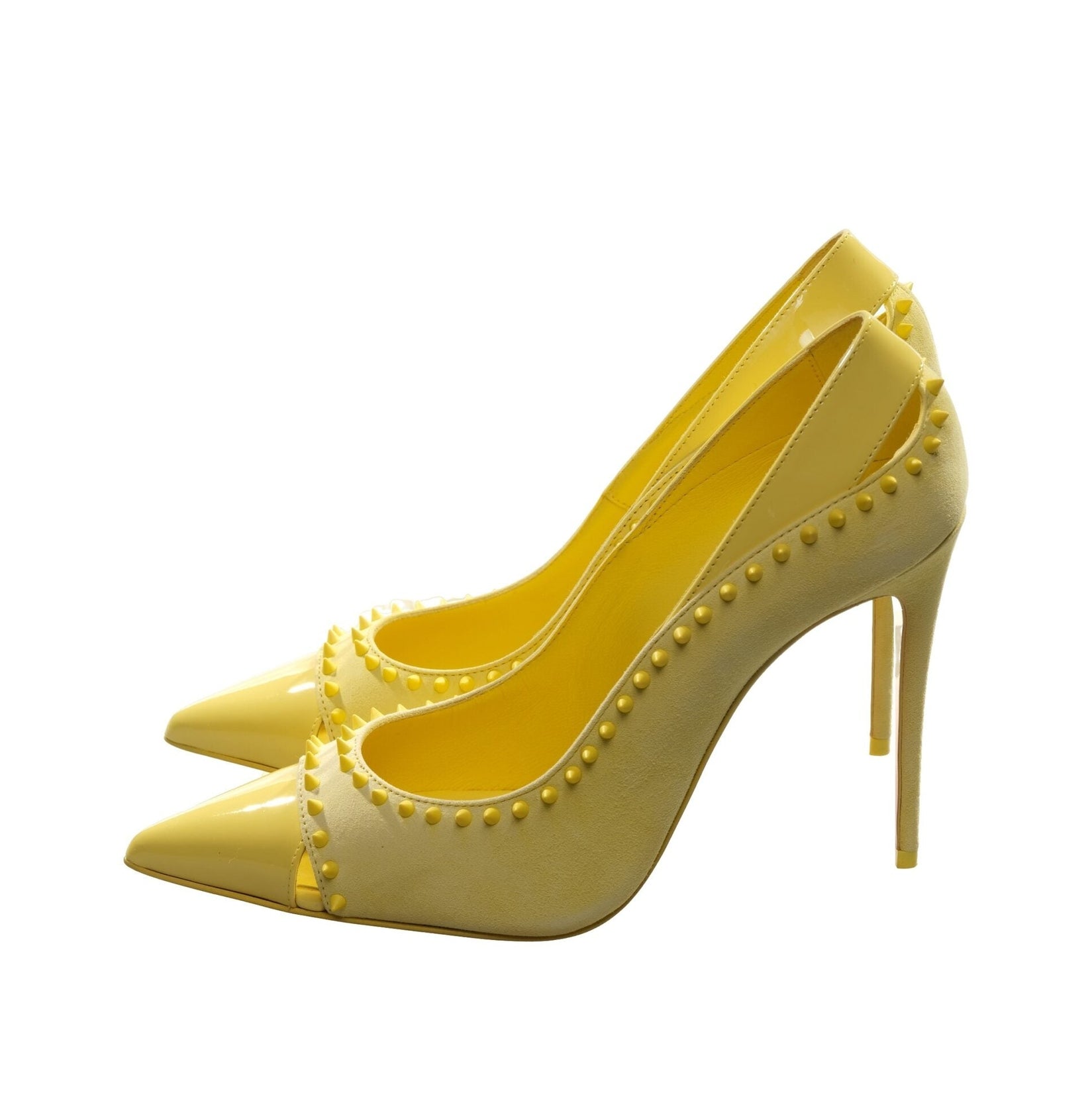 Duvette Spikes 100 Yellow Patent Leather and Suede Spike Studded Heels