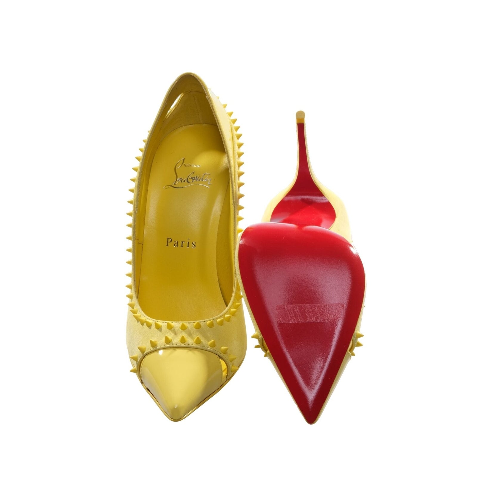 Duvette Spikes 100 Yellow Patent Leather and Suede Spike Studded Heels