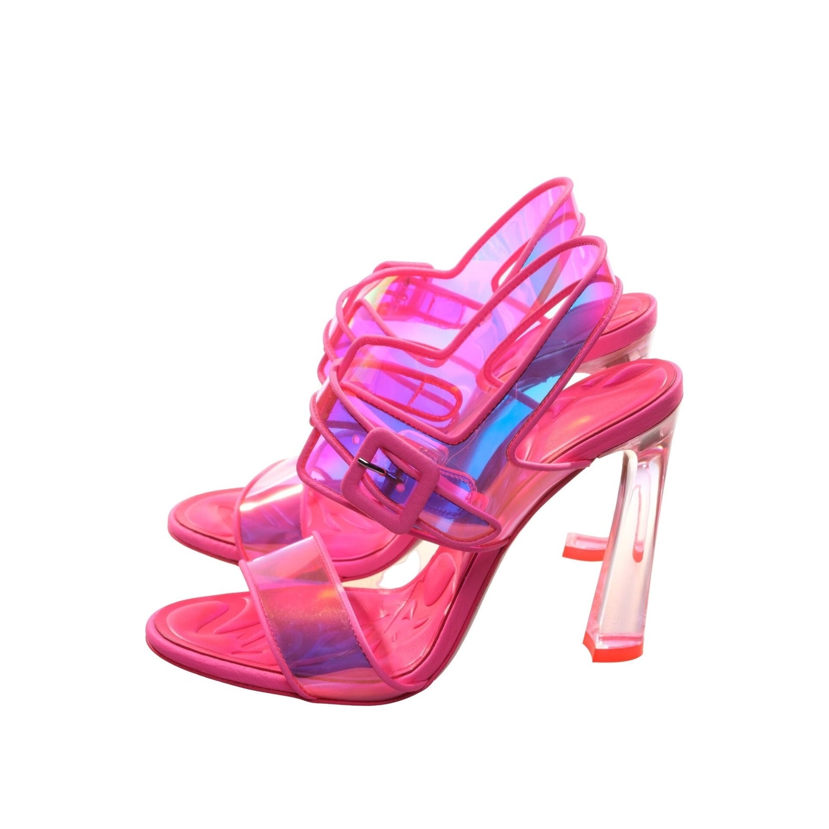 Loubi Duniss 100 Neon Fluoro Pink Strappy High Heels