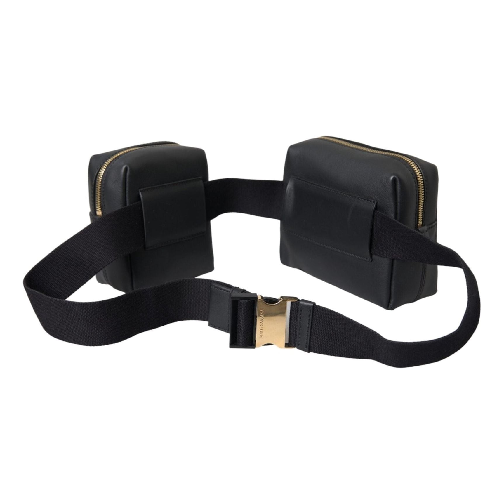 Black Calfskin Leather Double Waist Belt Fanny Pack Bag