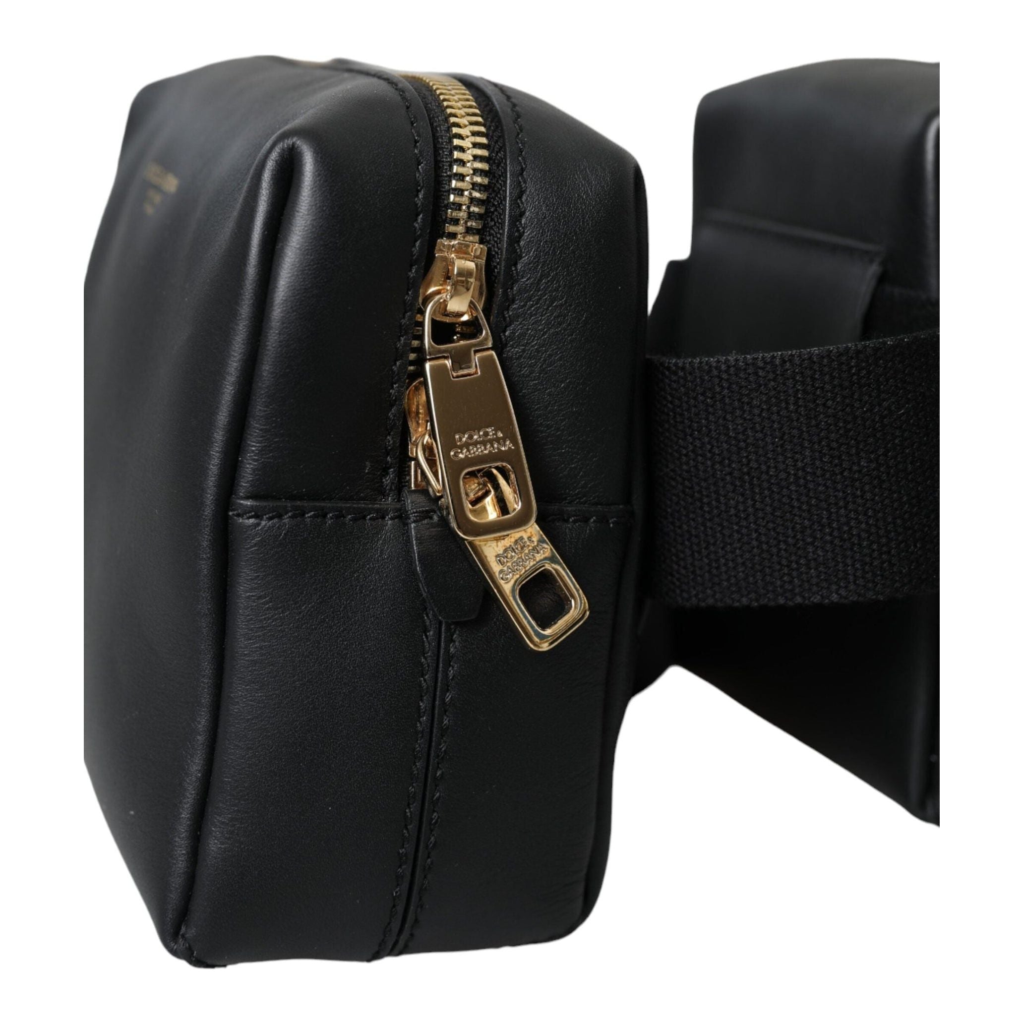 Black Calfskin Leather Double Waist Belt Fanny Pack Bag