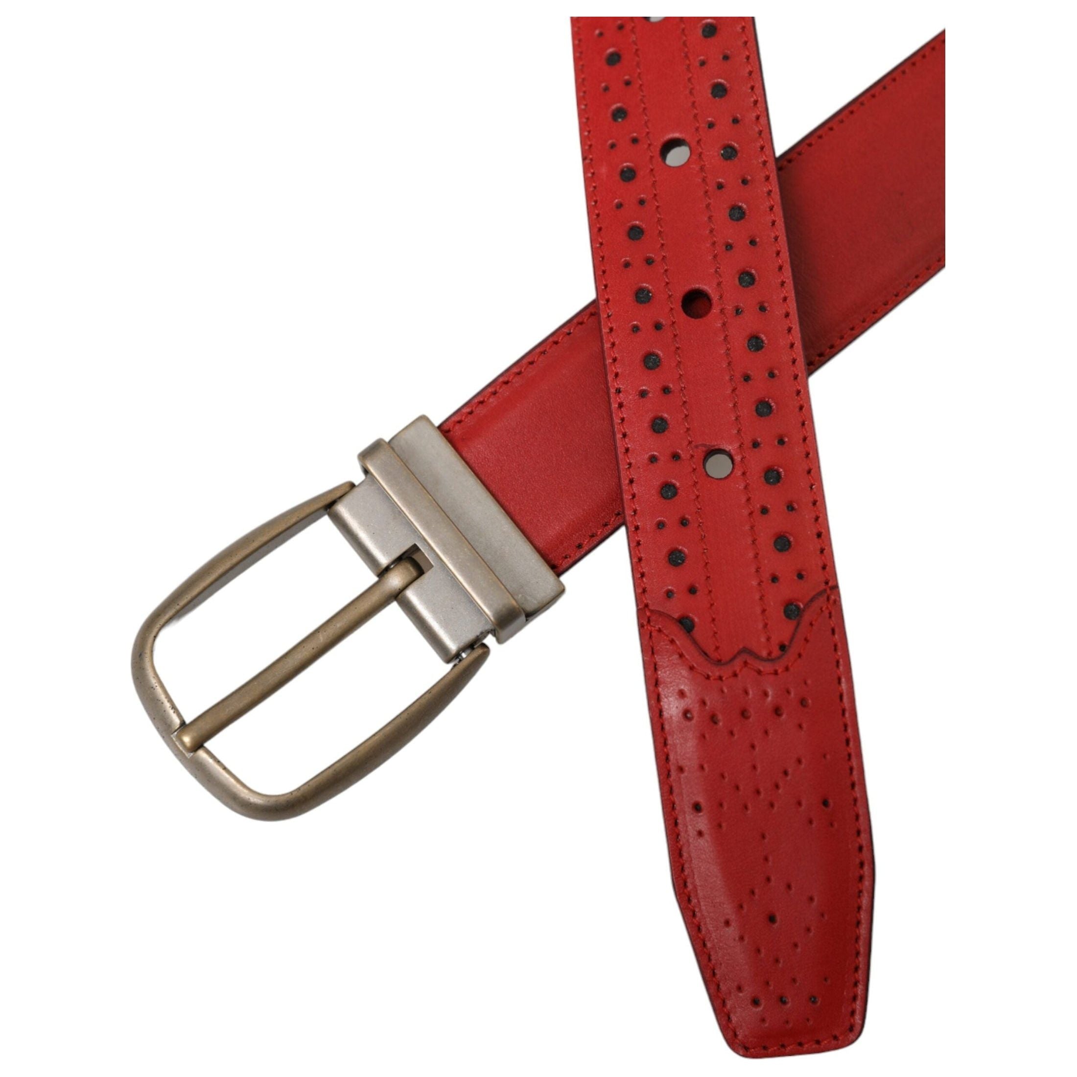 Red Perforated Leather Metal Buckle Belt Men