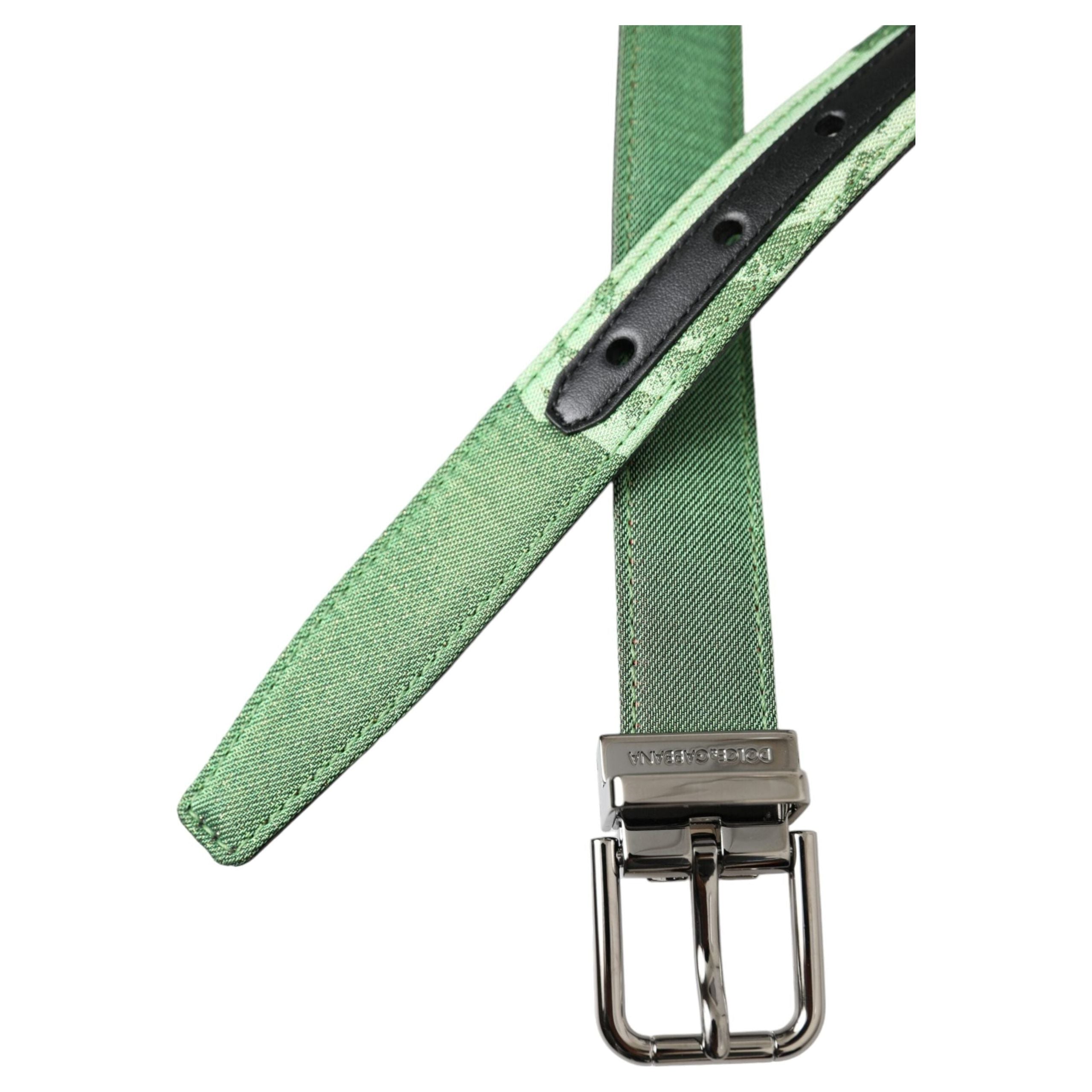 Green Leather Jacquard Silver Metal Buckle Belt