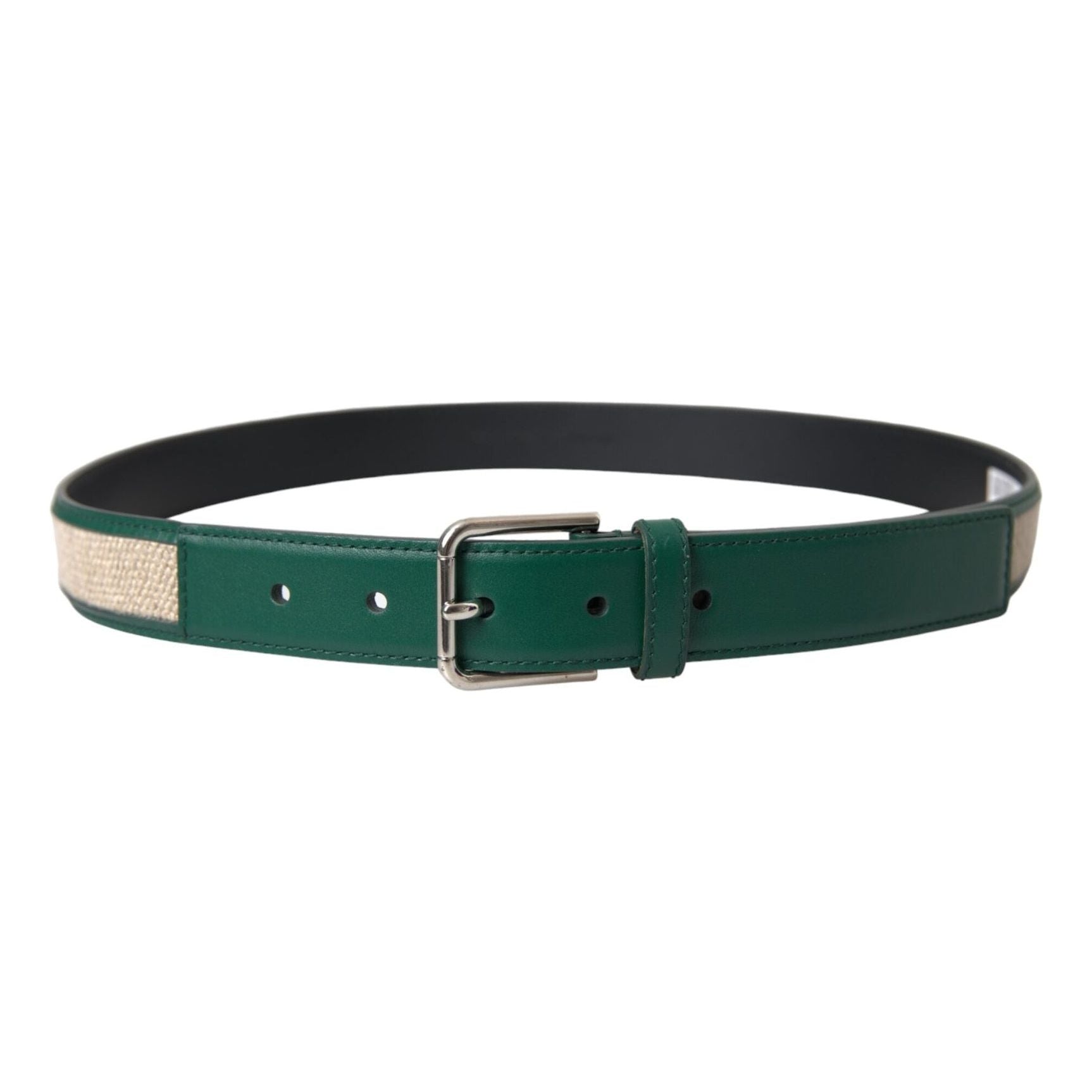 Green Beige Leather Weaved Metal Buckle Belt