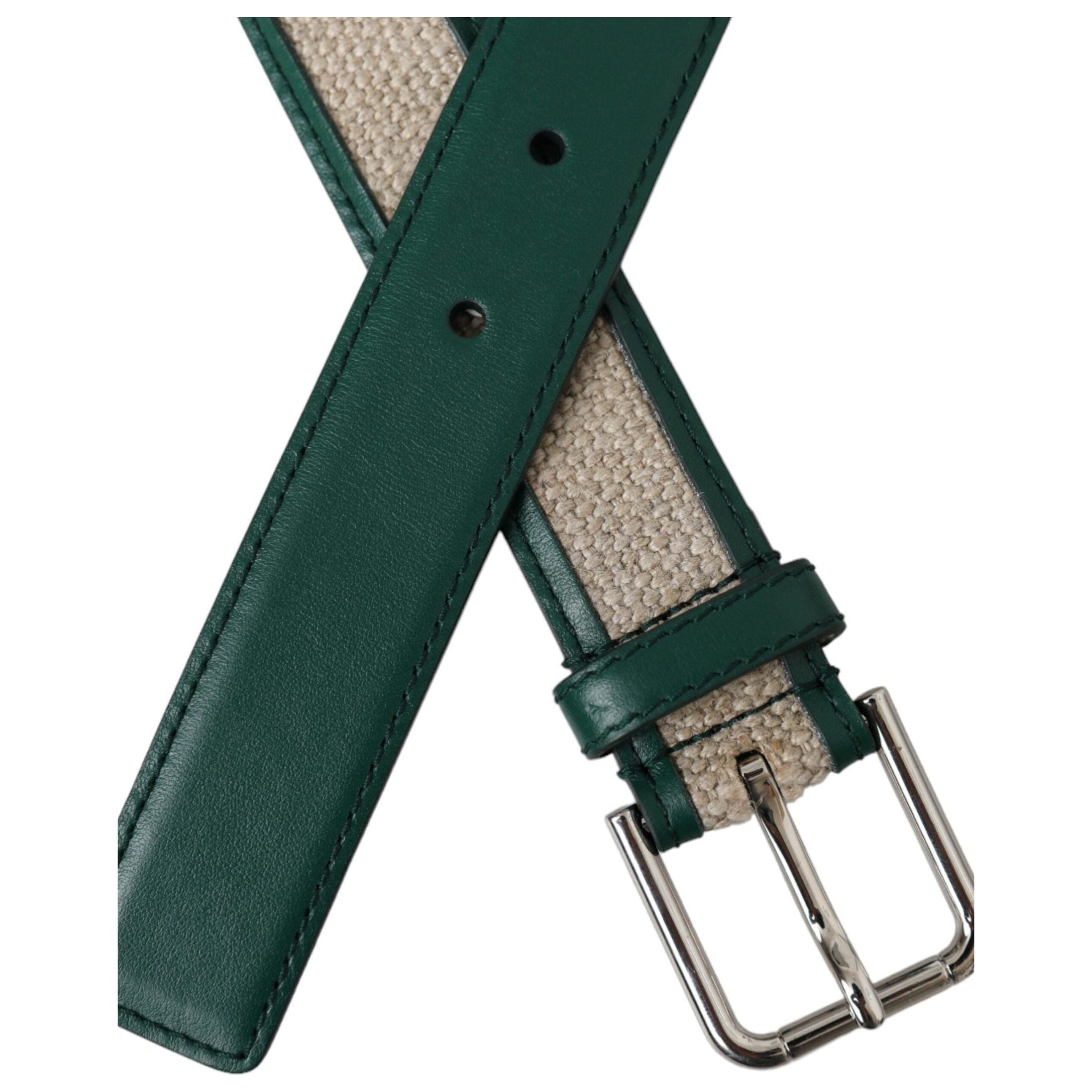 Green Beige Leather Weaved Metal Buckle Belt