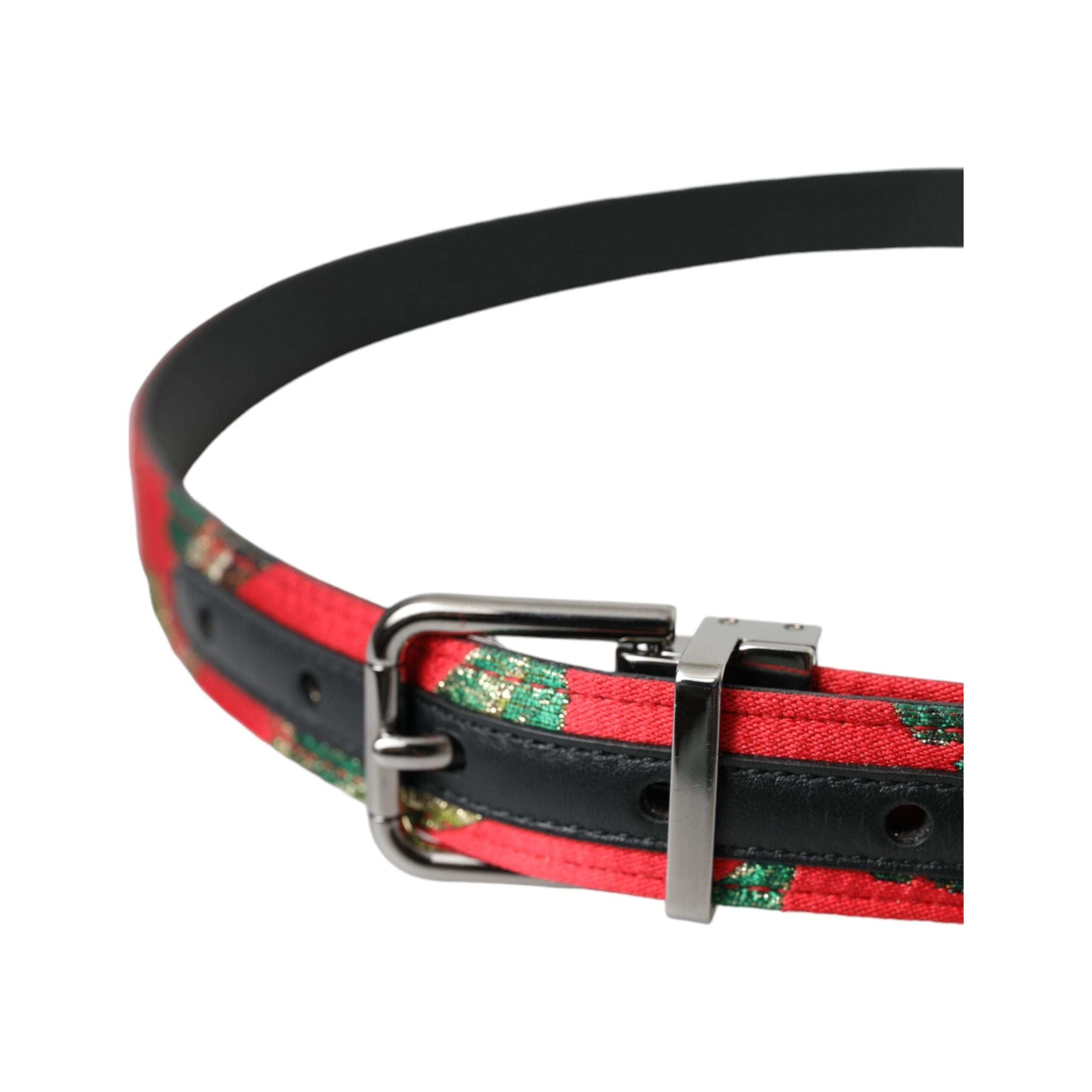 Red Leather Jacquard Silver Metal Buckle Belt