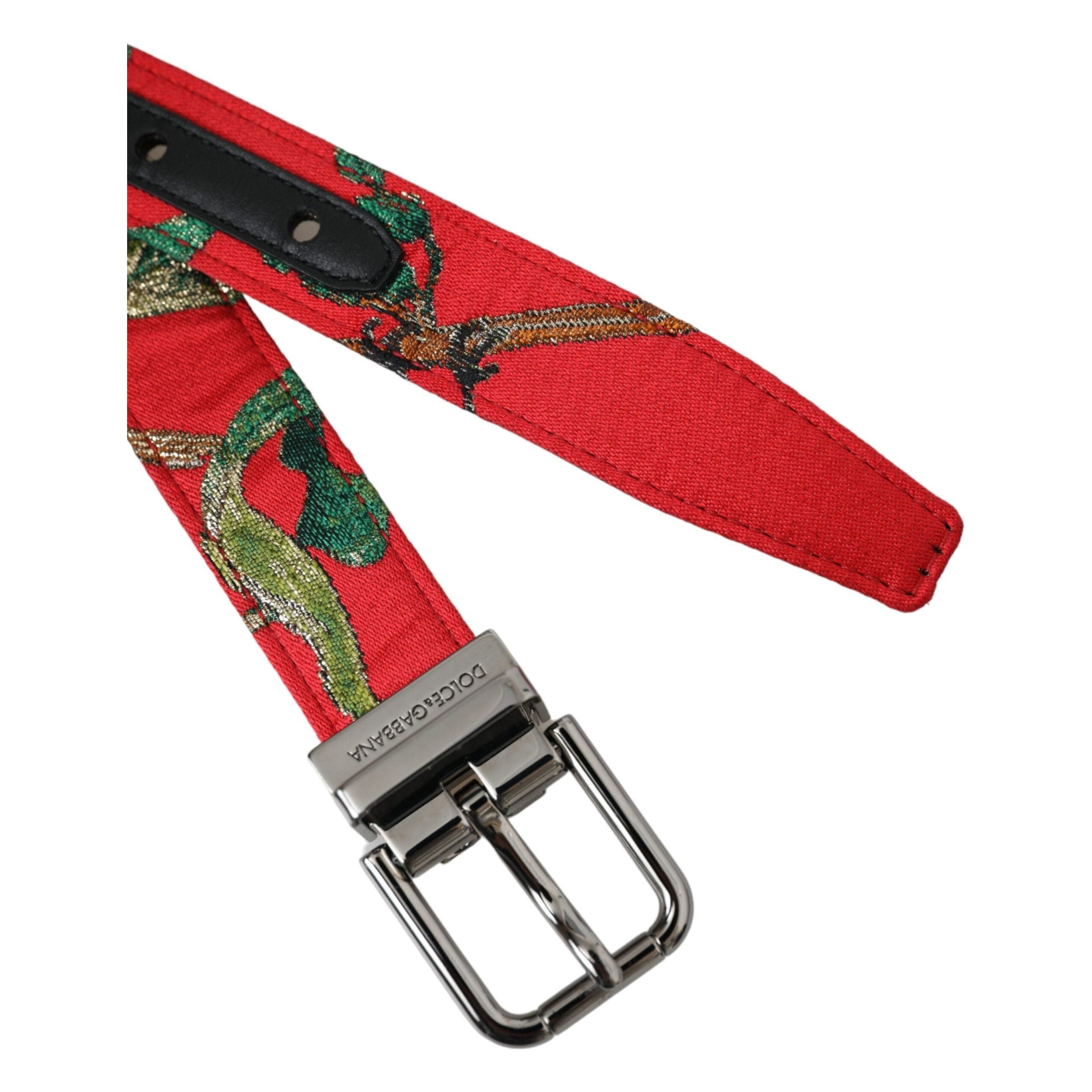 Red Leather Jacquard Silver Metal Buckle Belt