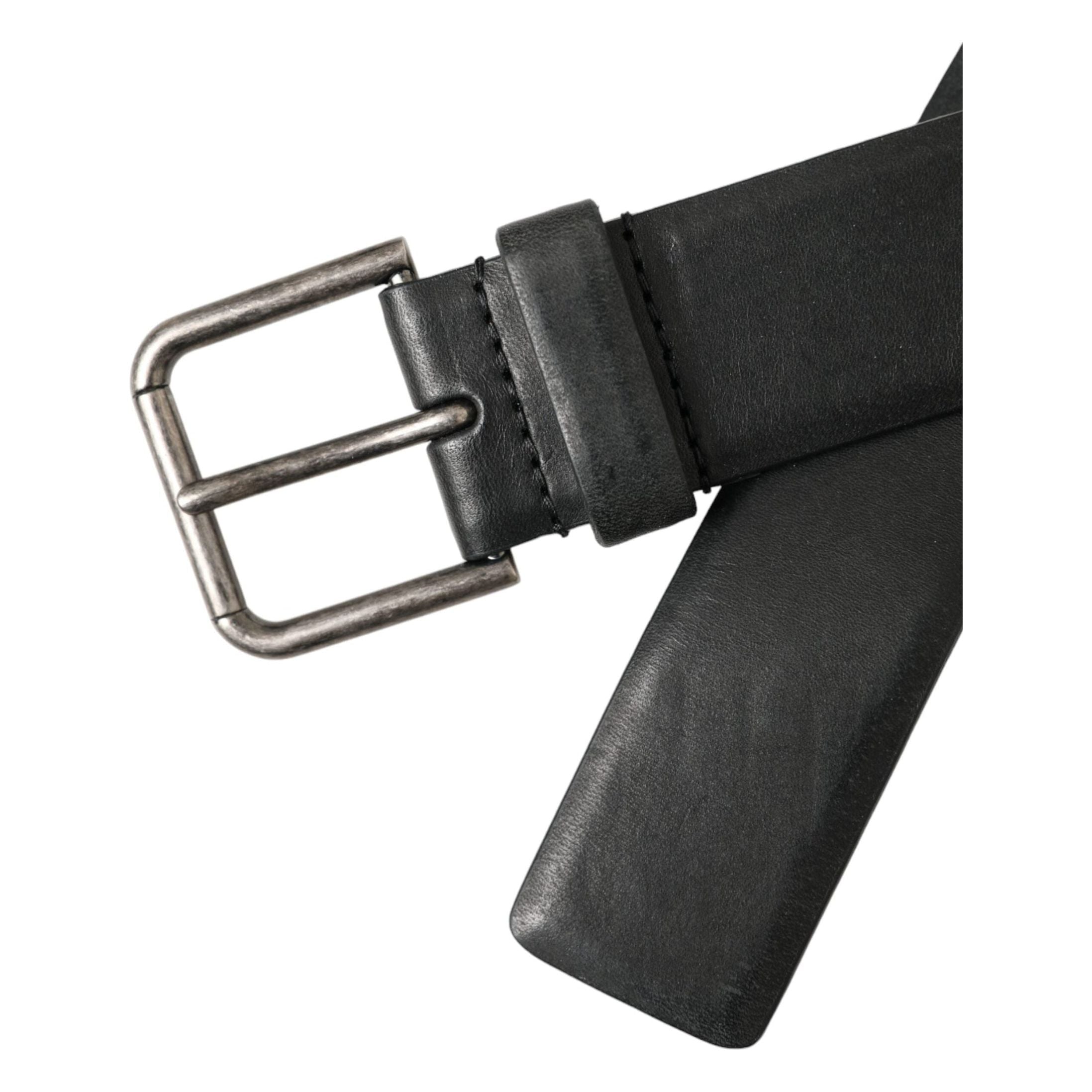 Black Calf Leather Silver Metal Buckle Belt