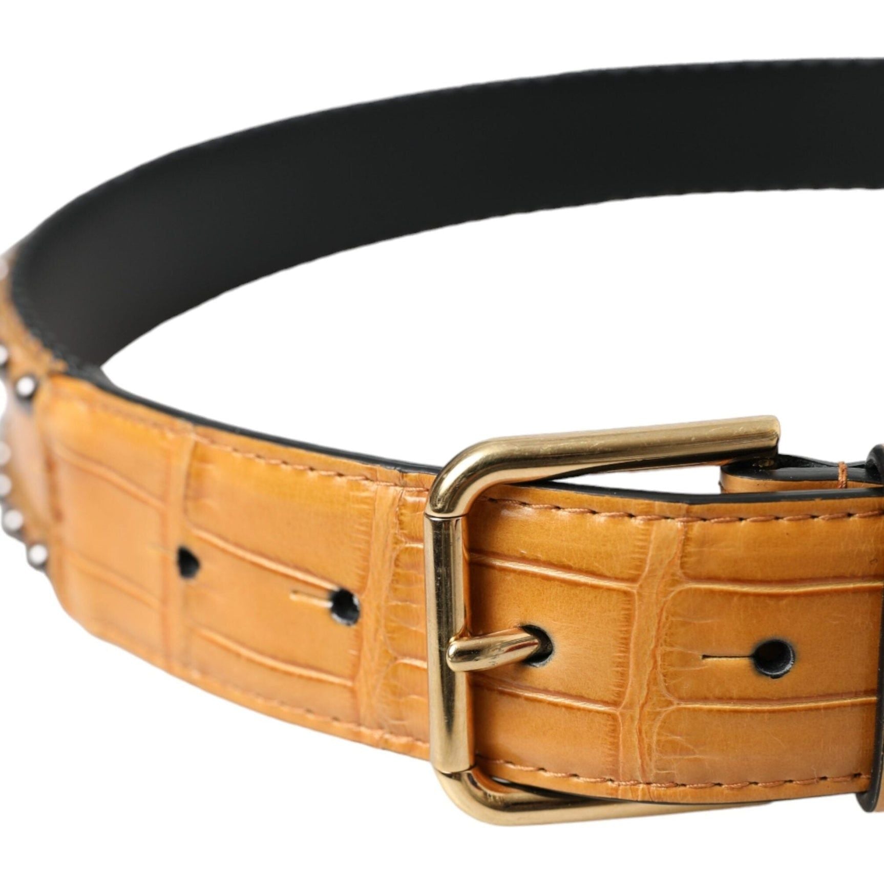 Beige Alligator Leather Studded Metal Buckle Belt