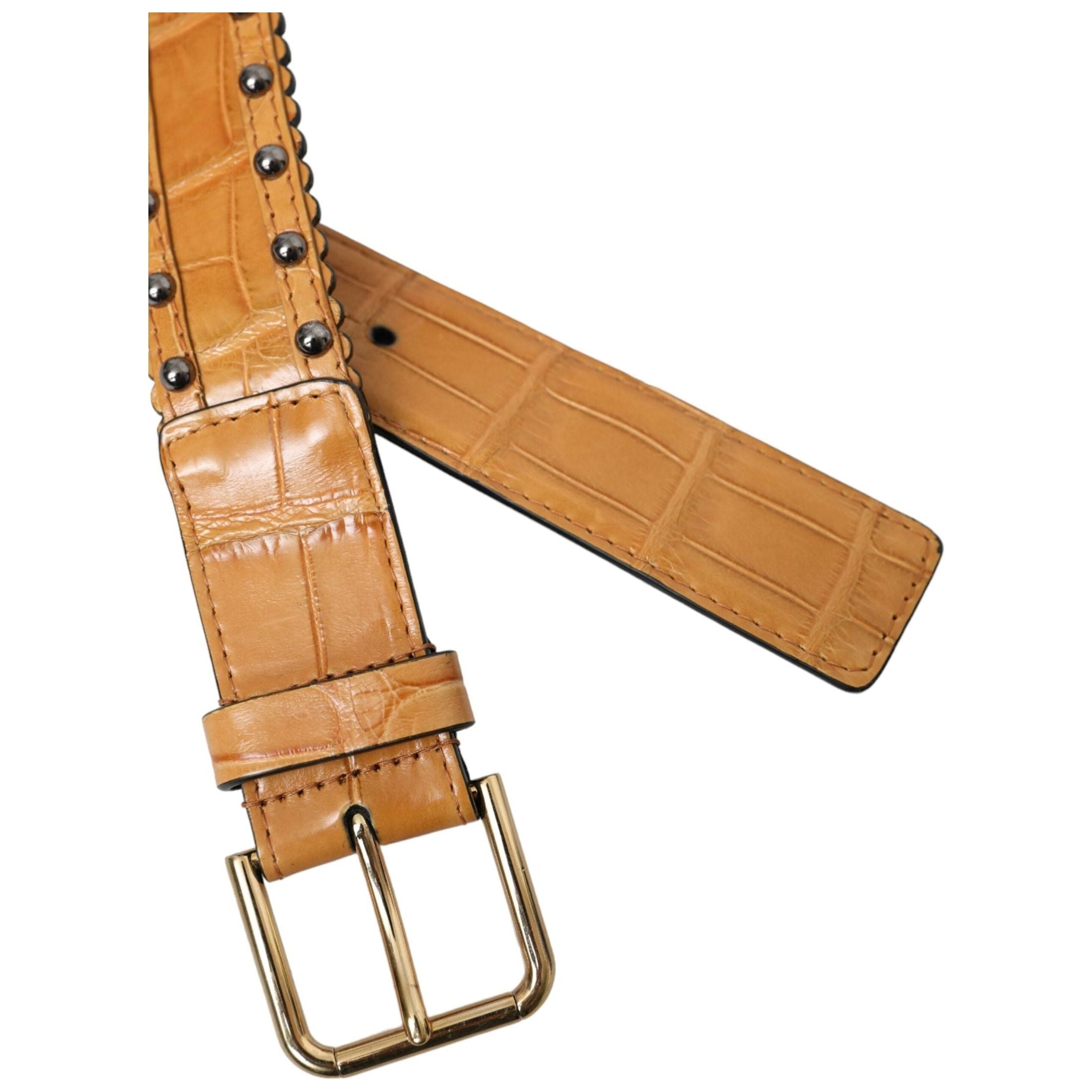 Beige Alligator Leather Studded Metal Buckle Belt