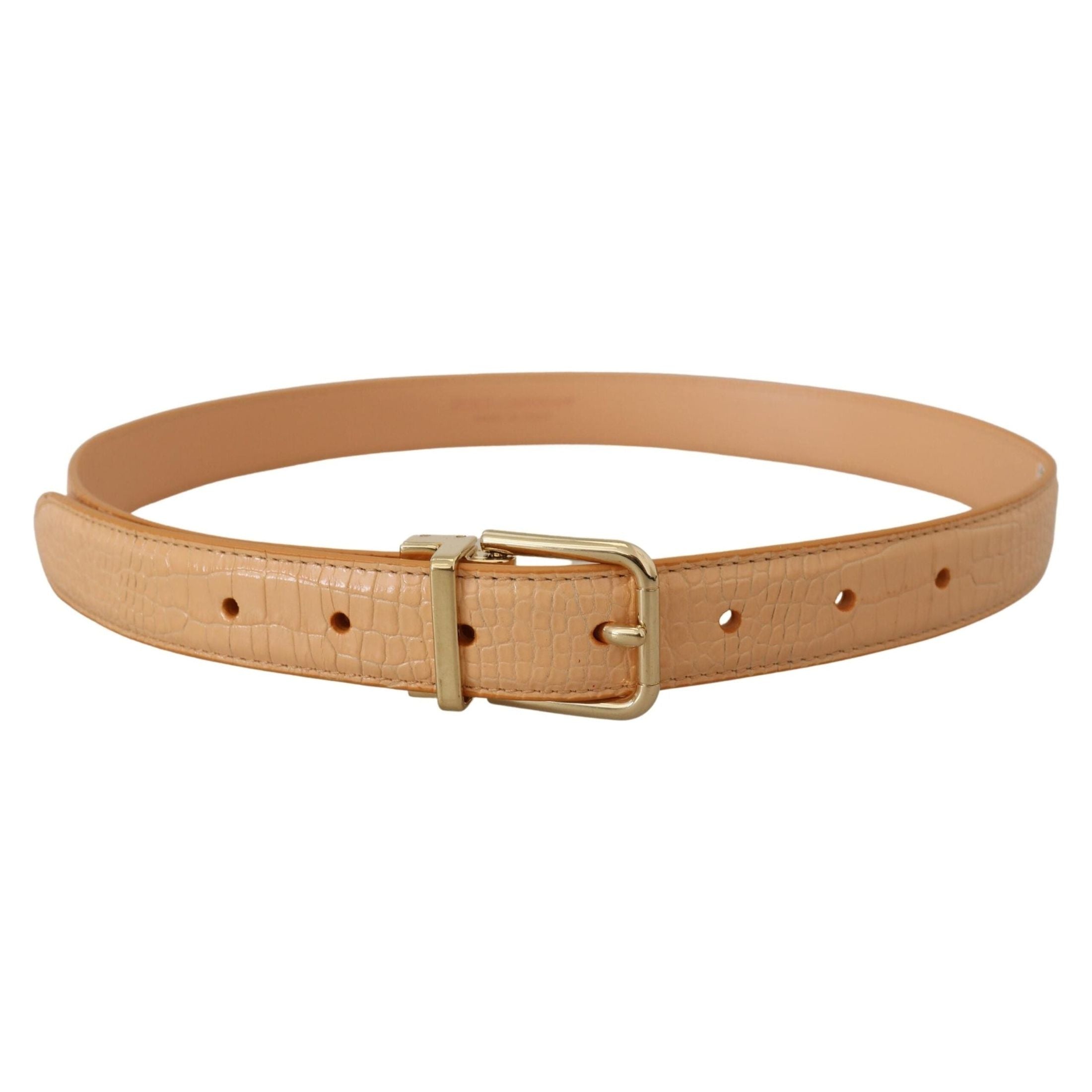 Beige Exotic Leather Gold Metal Buckle Belt