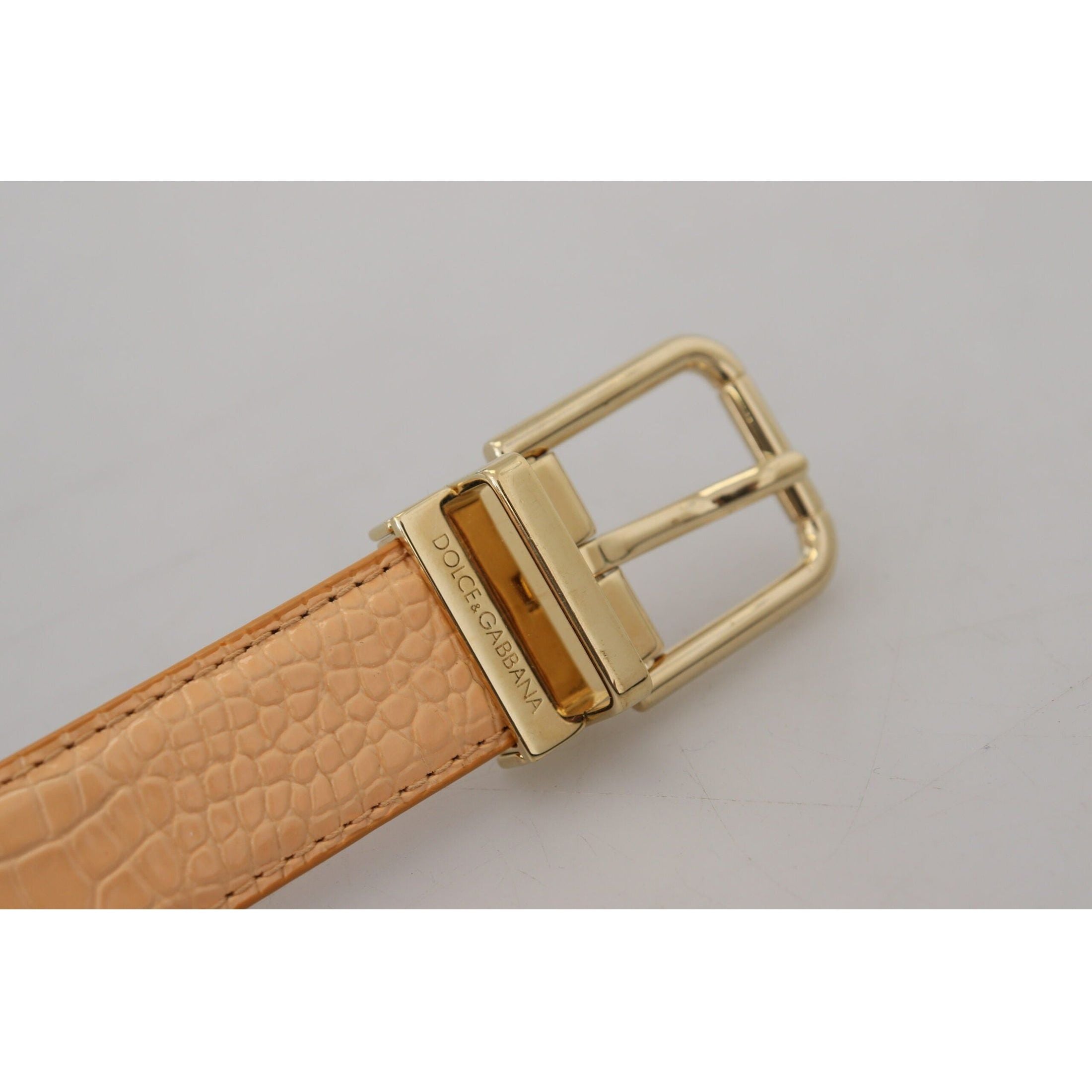 Beige Exotic Leather Gold Metal Buckle Belt